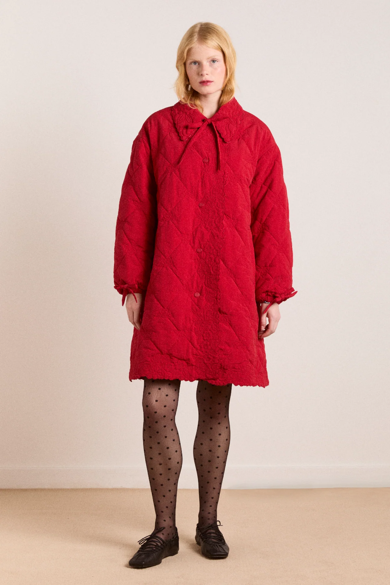 avery embroidered quilted coat - red