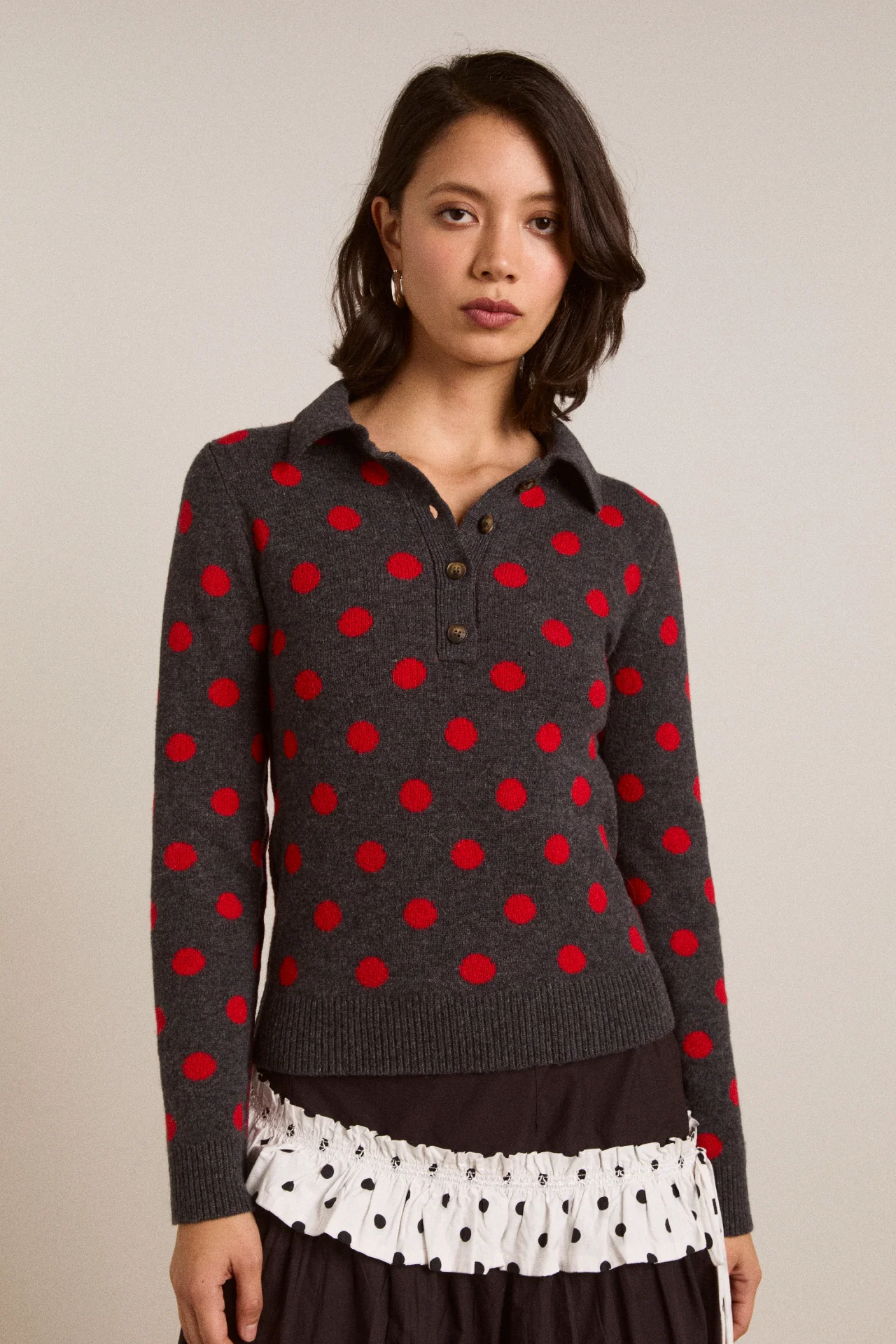 lia merino wool reversible polo jumper - red/grey spot
