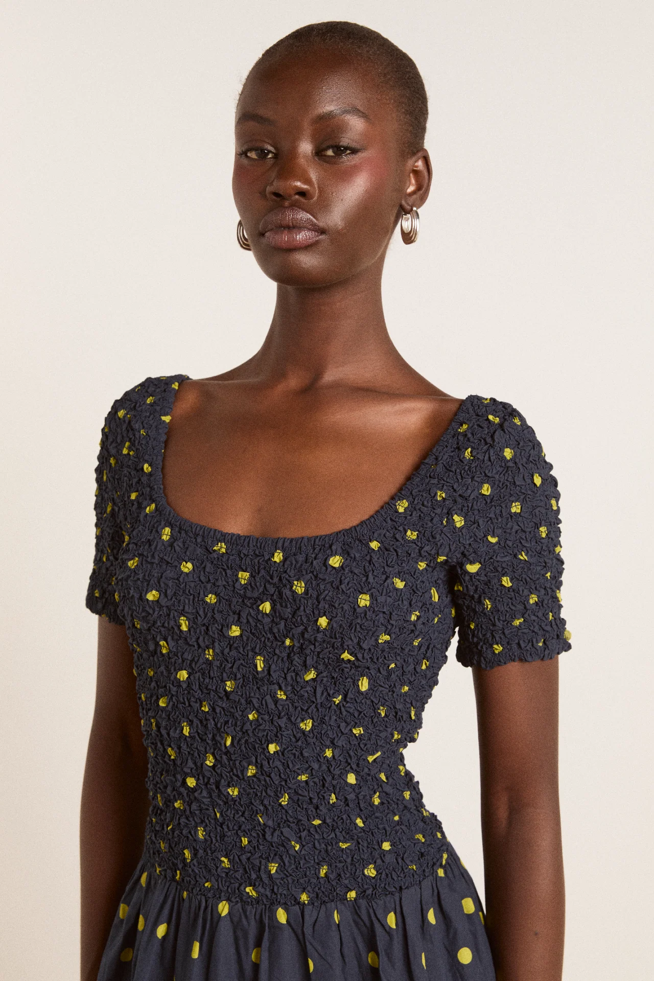 malinda super smocked midi dress - navy olive spot