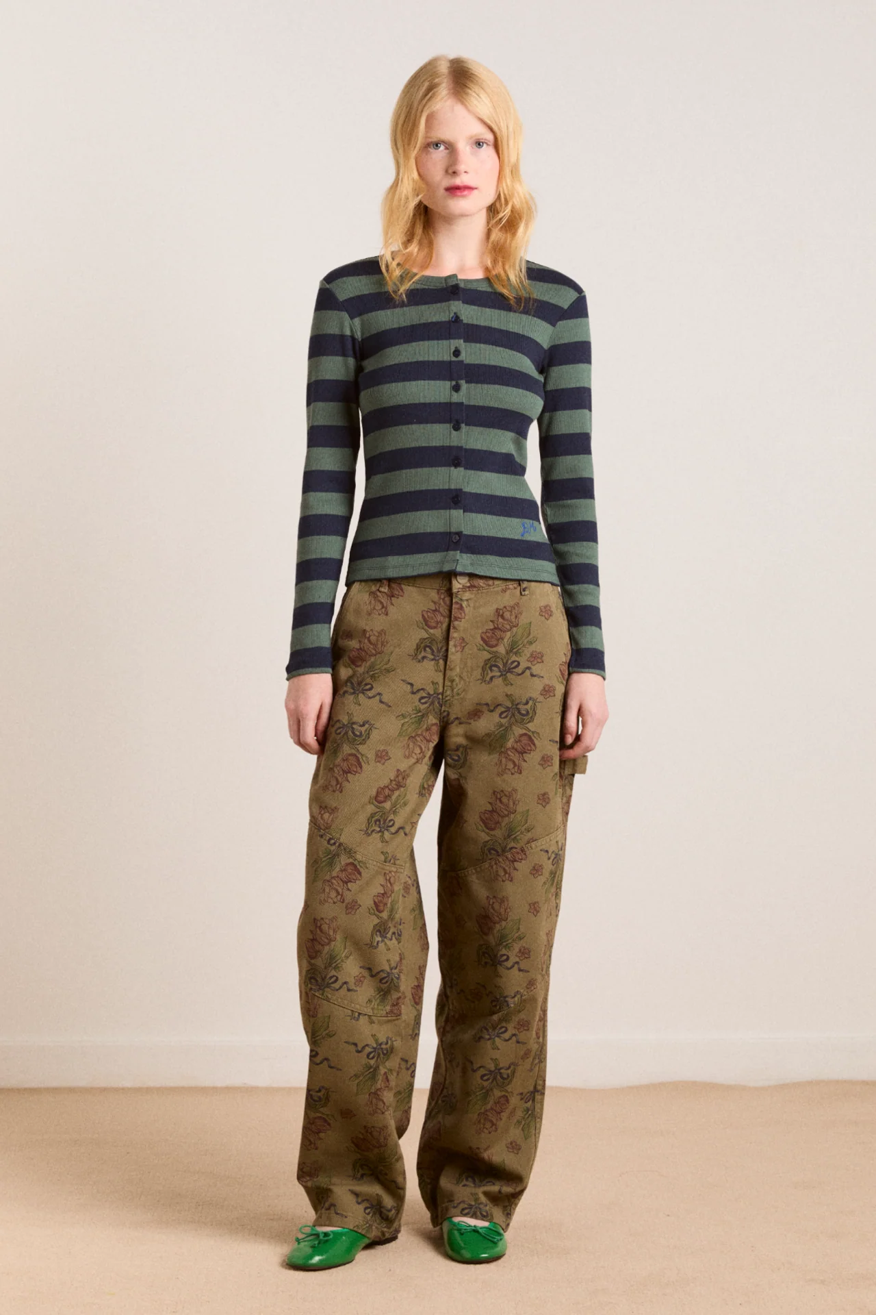 sybil stripe crew cardigan - green/navy stripe