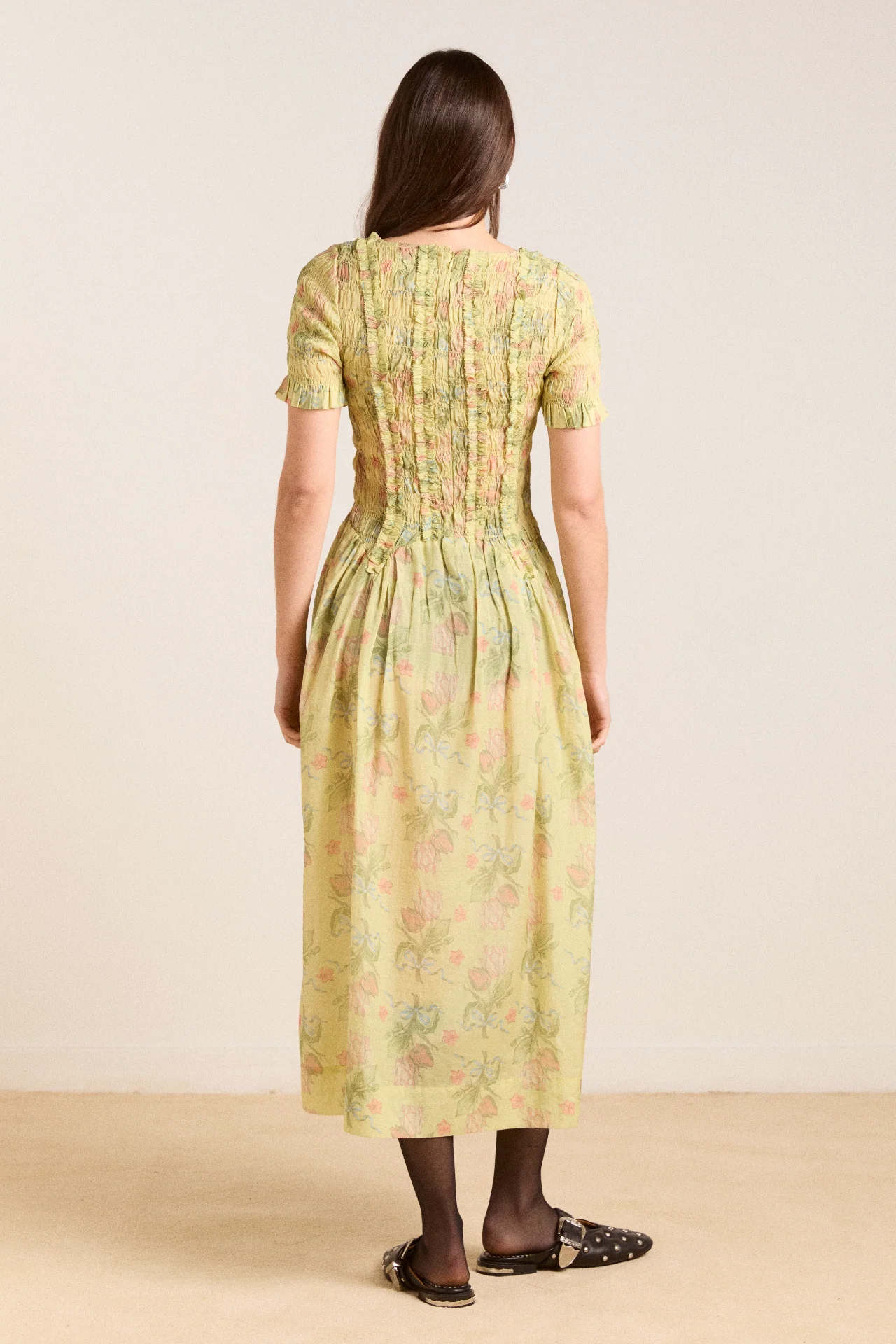 raphaela ruffle midi dress - sheer tulip olive