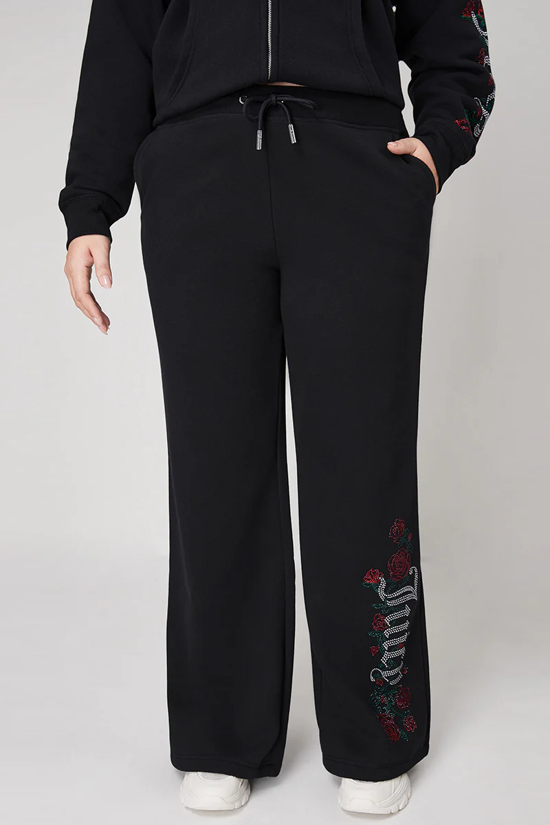 Plus-Size Roses Wide Leg Track Pants