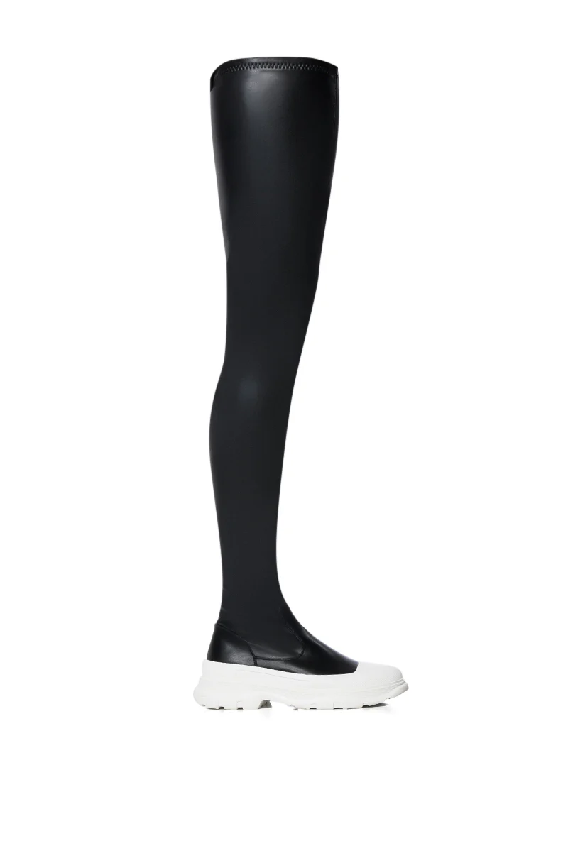 AZALEA WANG OH MY LOVE FAUX LEATHER THIGH HIGH FLATFORM SNEAKER BOOT WITH 4 WAY STRETCH IN BLACK