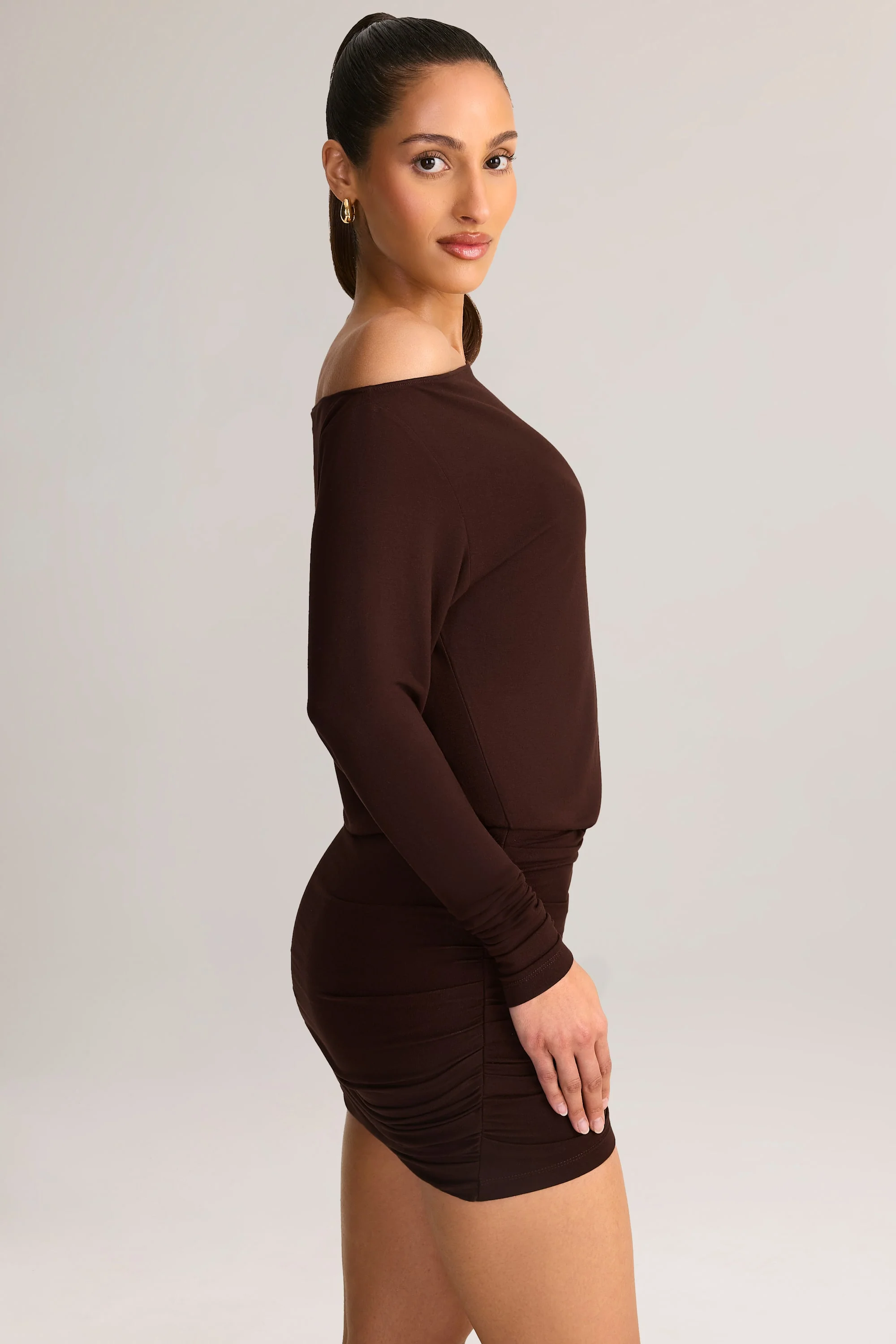 Modal Off-Shoulder Mini Dress in Chocolate Brown