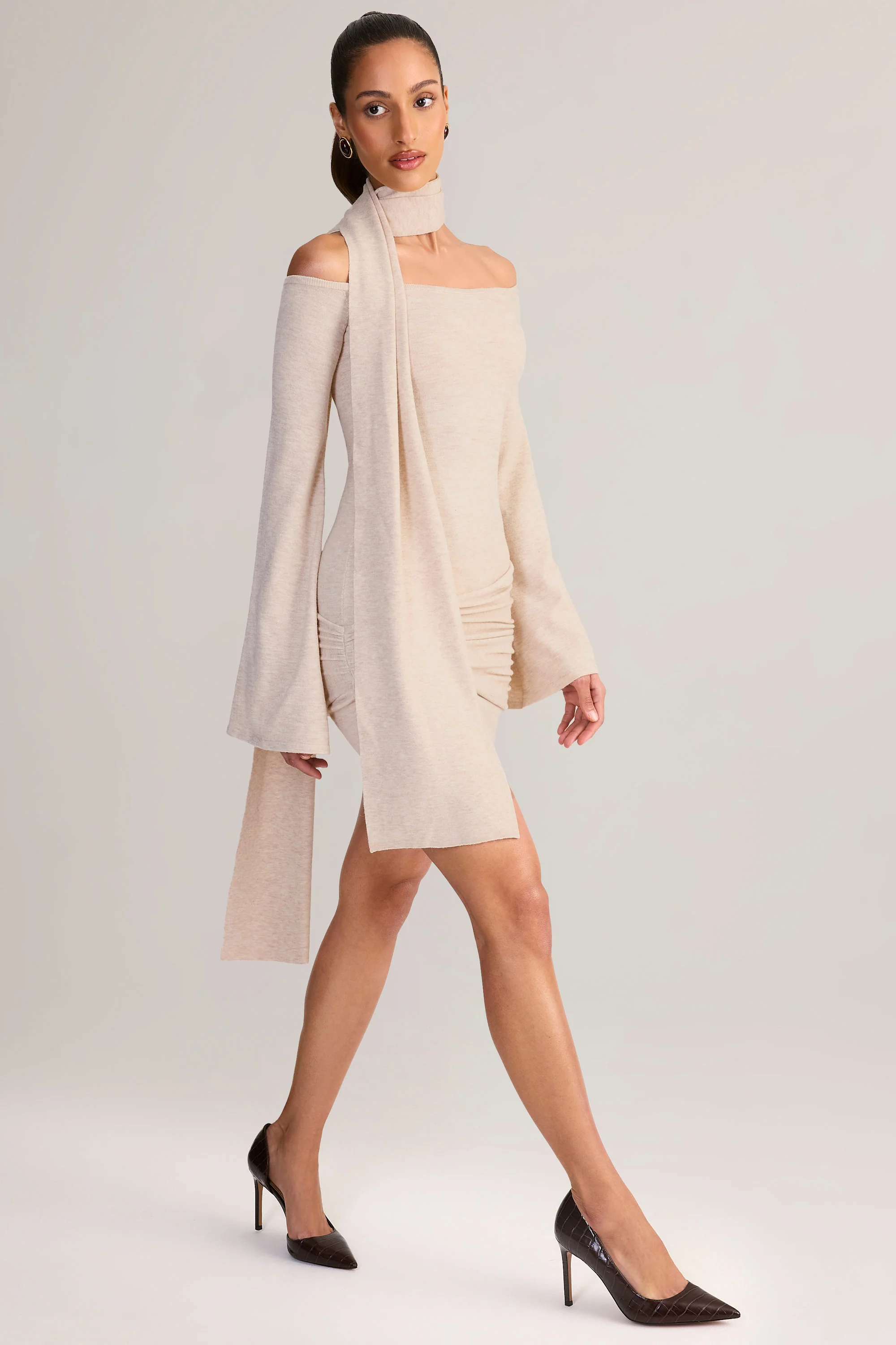 Knit Scarf-Detail Off-Shoulder Mini Dress in Cream