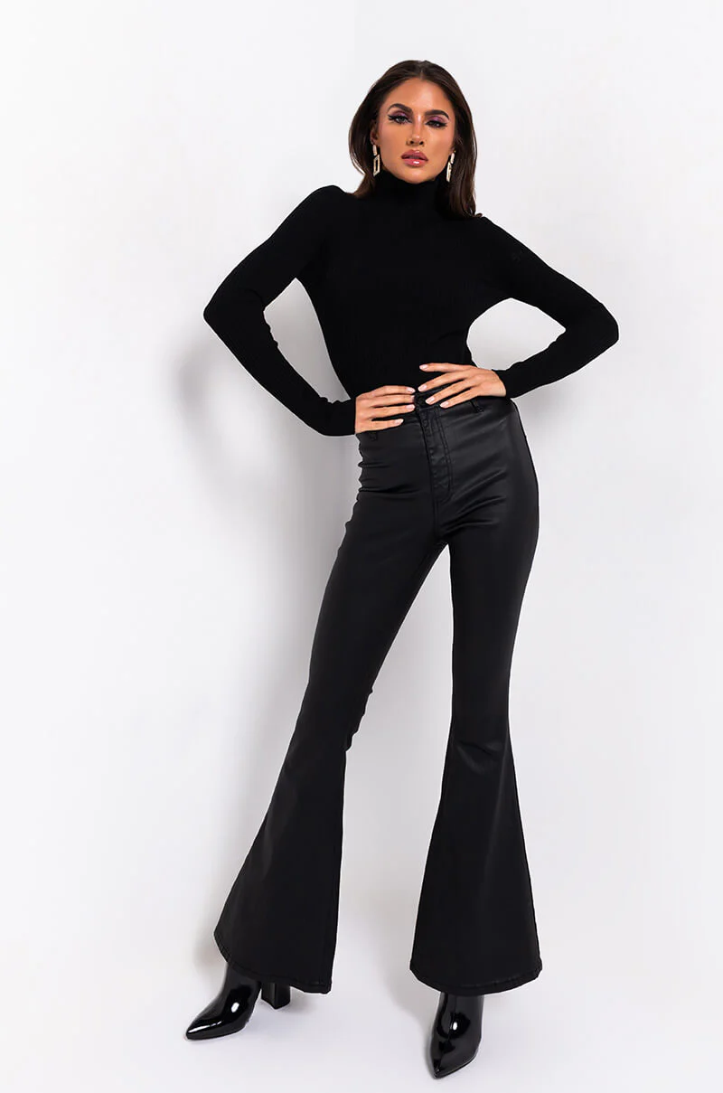 ON DUTY FAUX LEATHER HIGH RISE FLARE PANTS