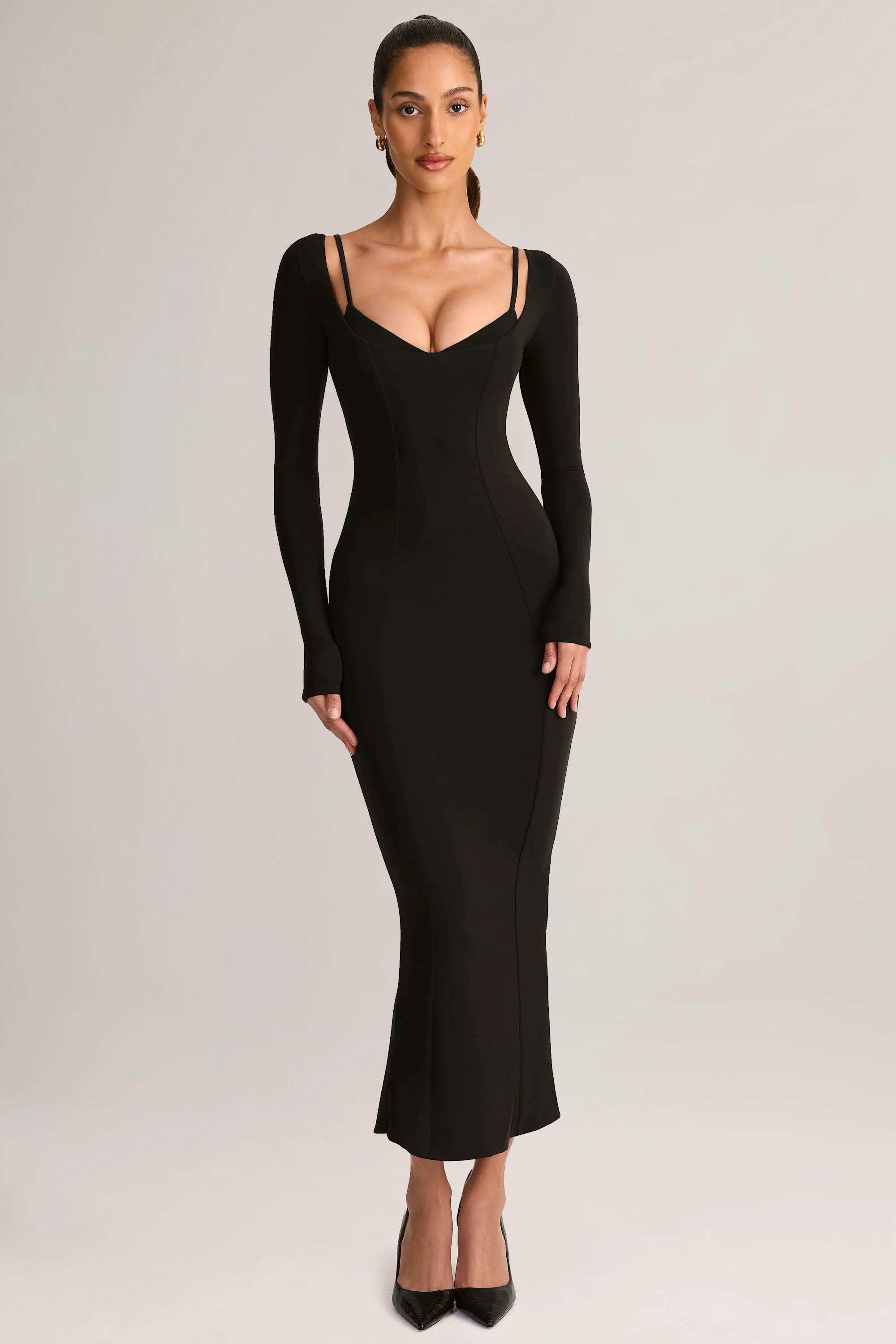 Modal Peekaboo Long-Sleeve Midi Dress in Black