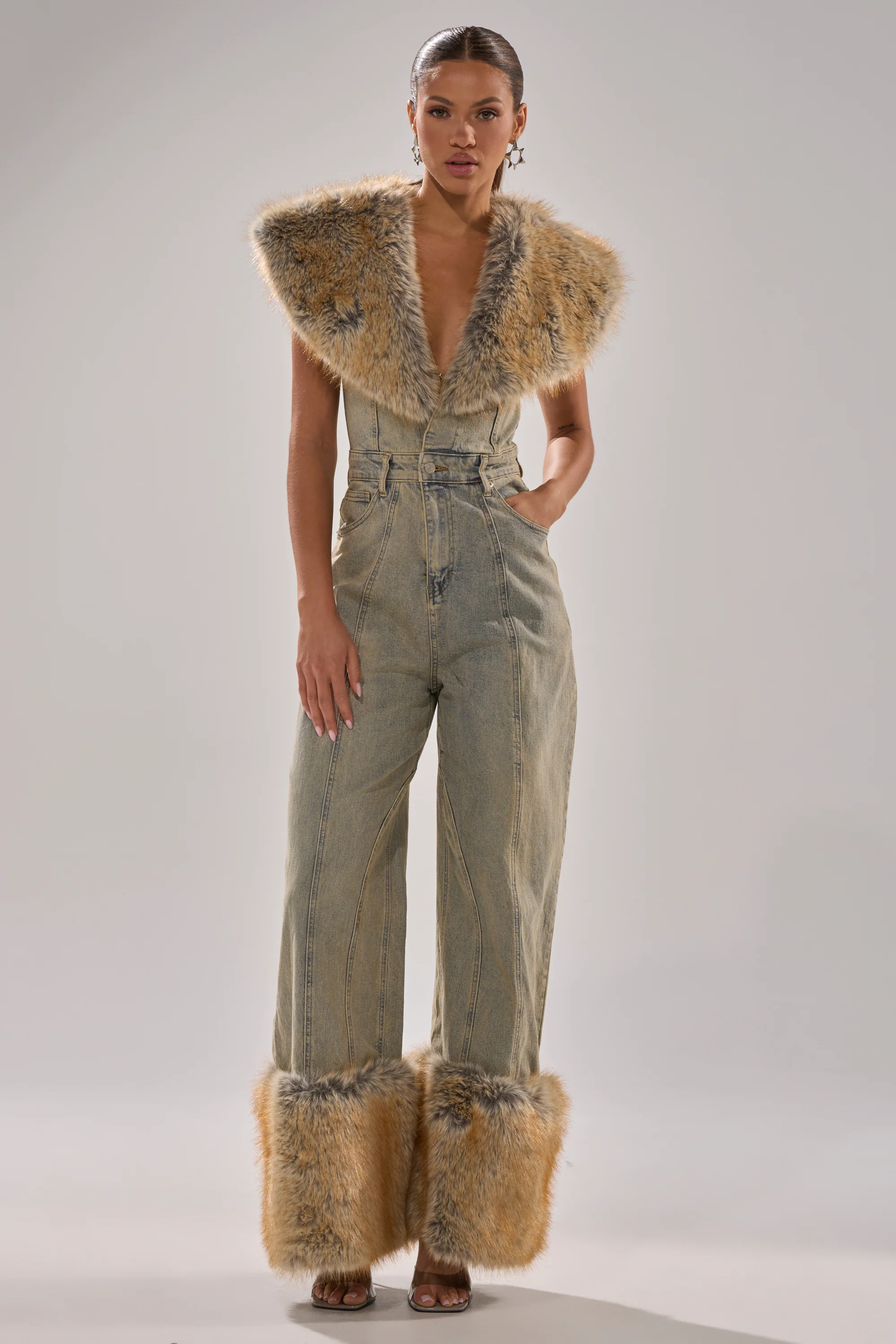 TALK THAT TALK DENIM FUR JUMPSUIT IN VINTAGE BLUE