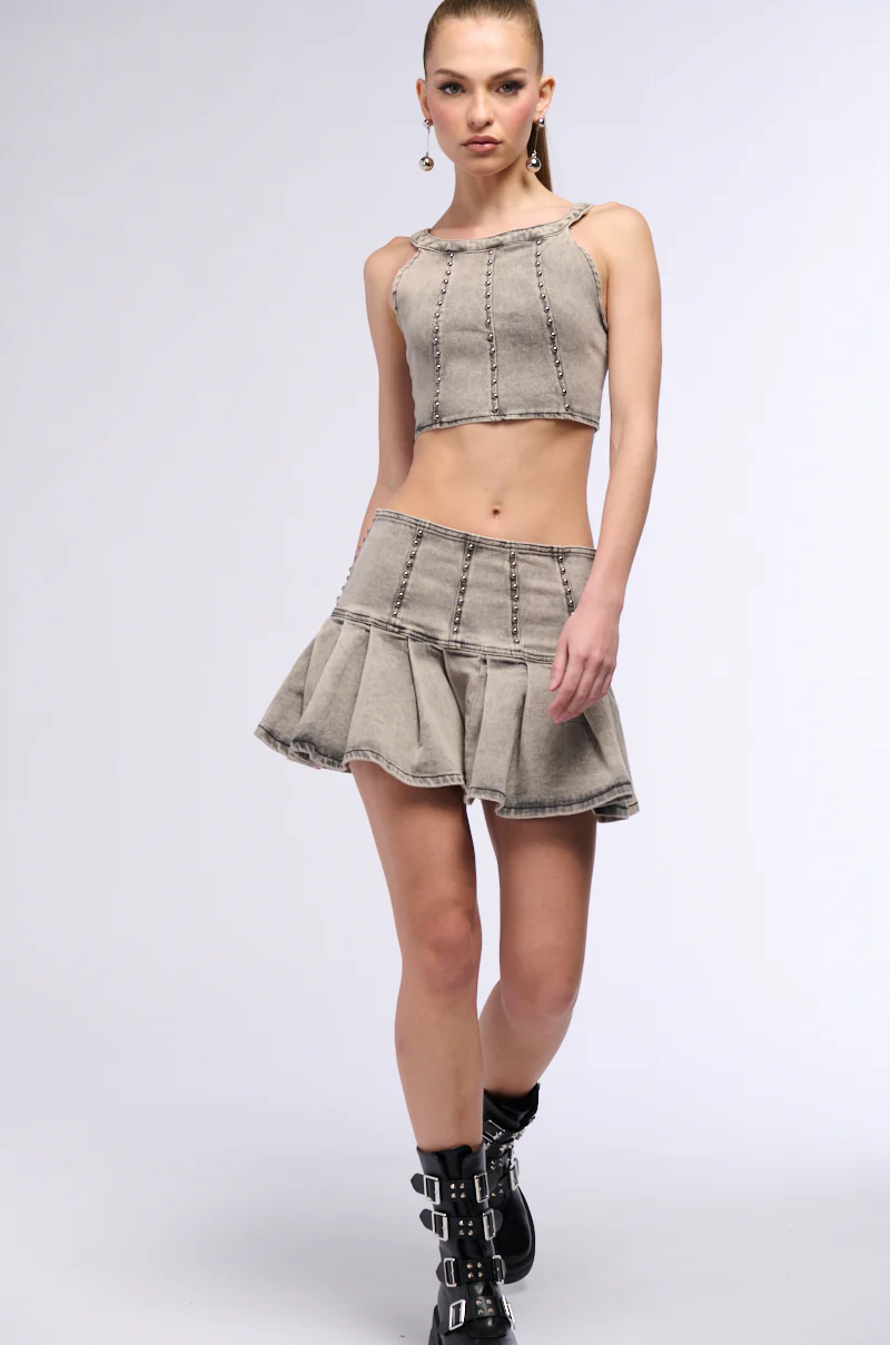 STAND ON MY BUSINESS MINERAL WASH DENIM STUDDED MINI SKIRT