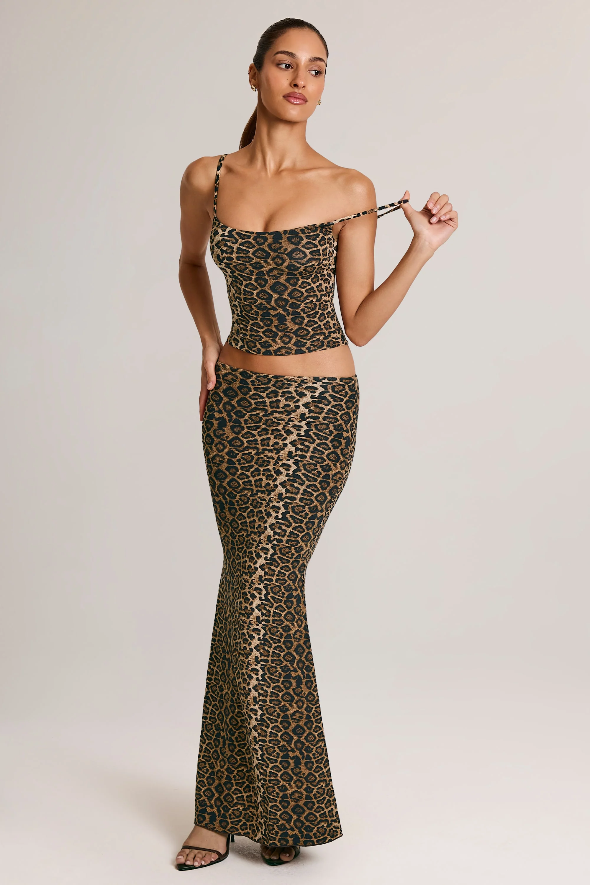 Modal Mid-Rise Fishtail Maxi Skirt in Leopard Print