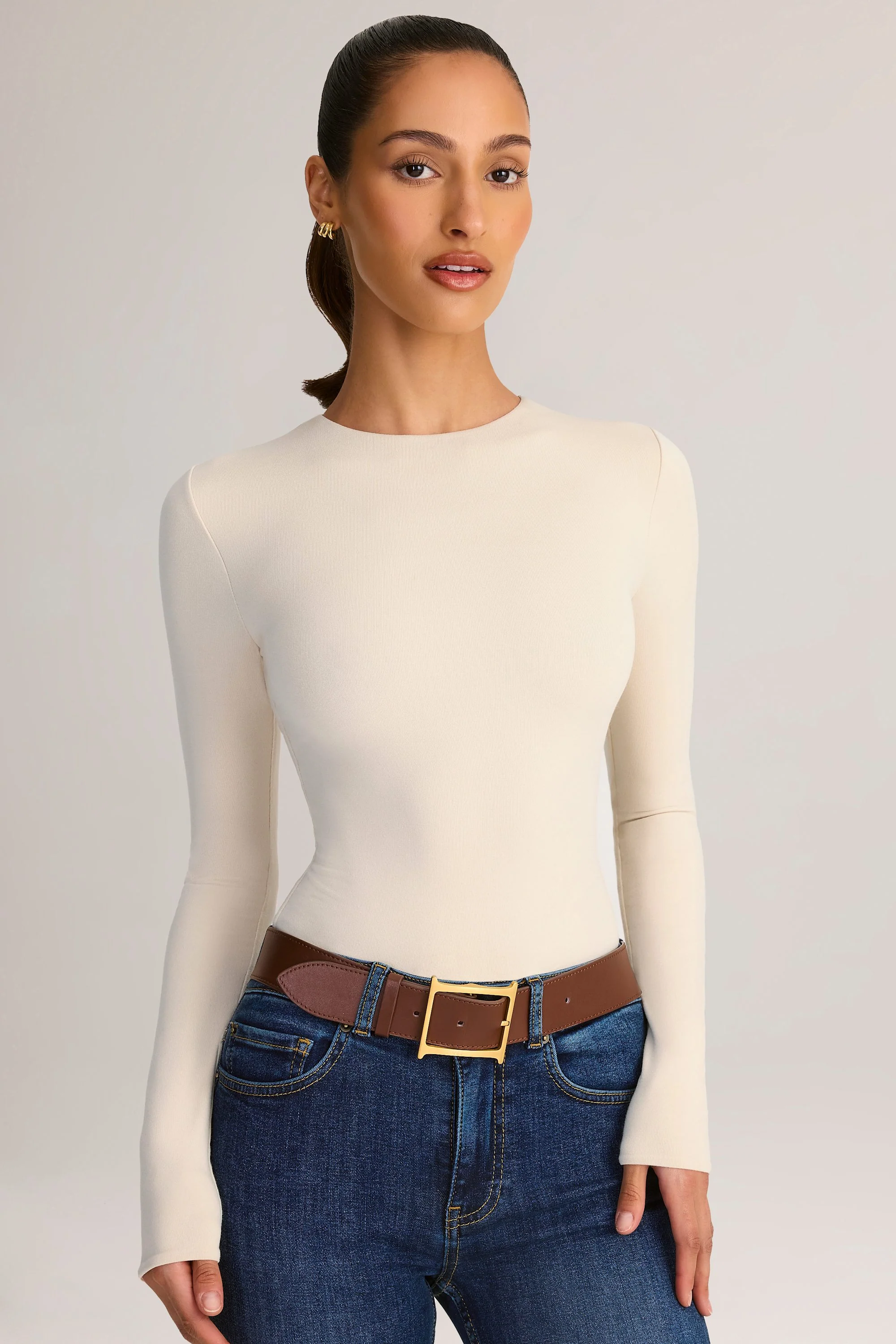 Modal Round-Neck Long-Sleeve Bodysuit in Cream