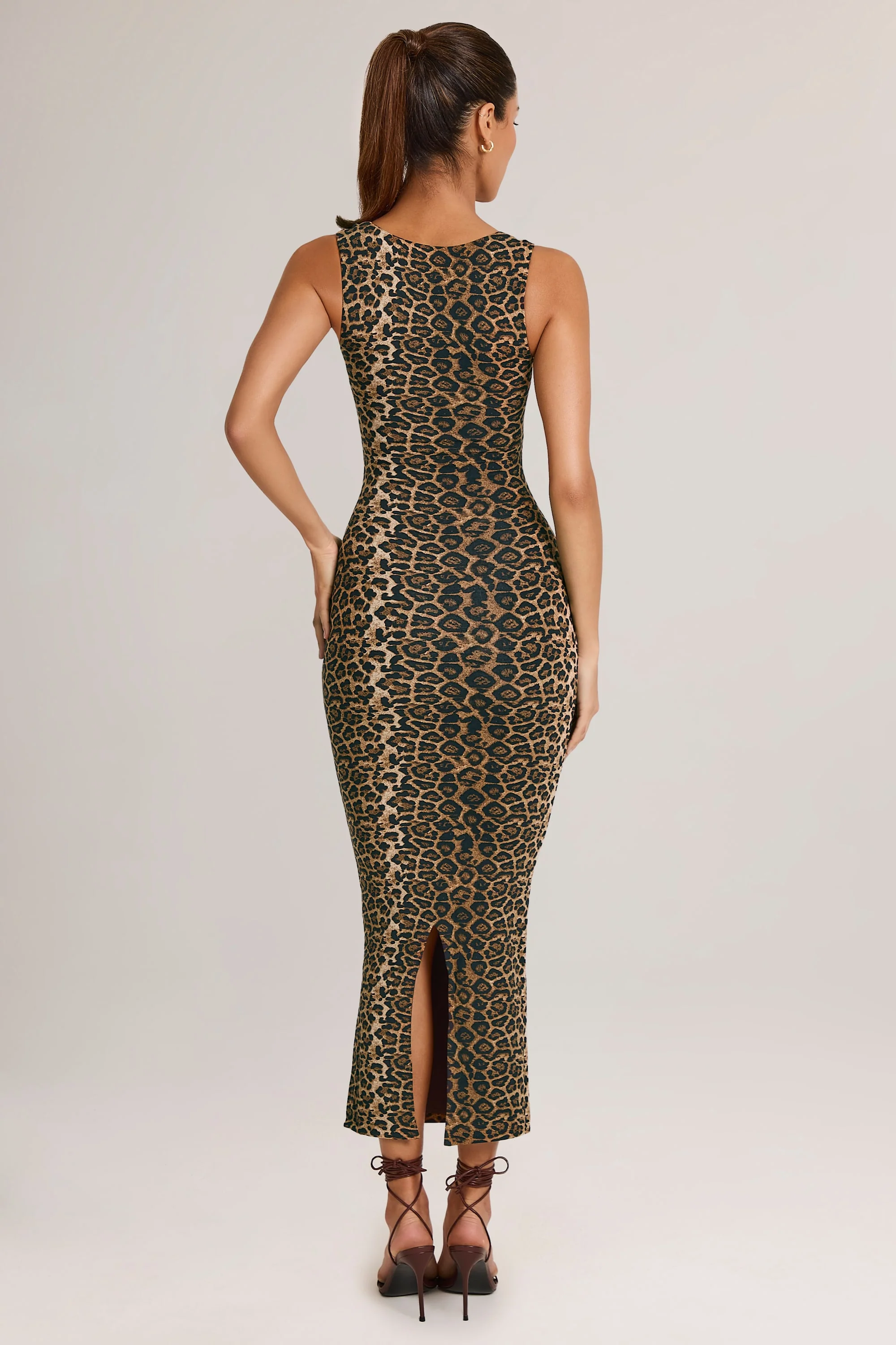 Modal Square-Neck Bodycon Midi Dress in Leopard Print