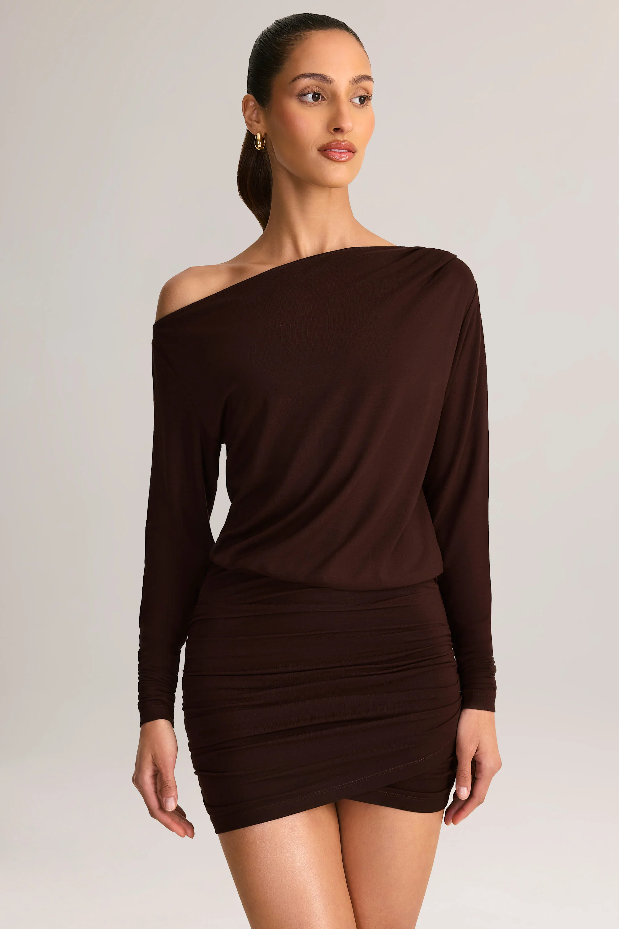 Modal Off-Shoulder Mini Dress in Chocolate Brown