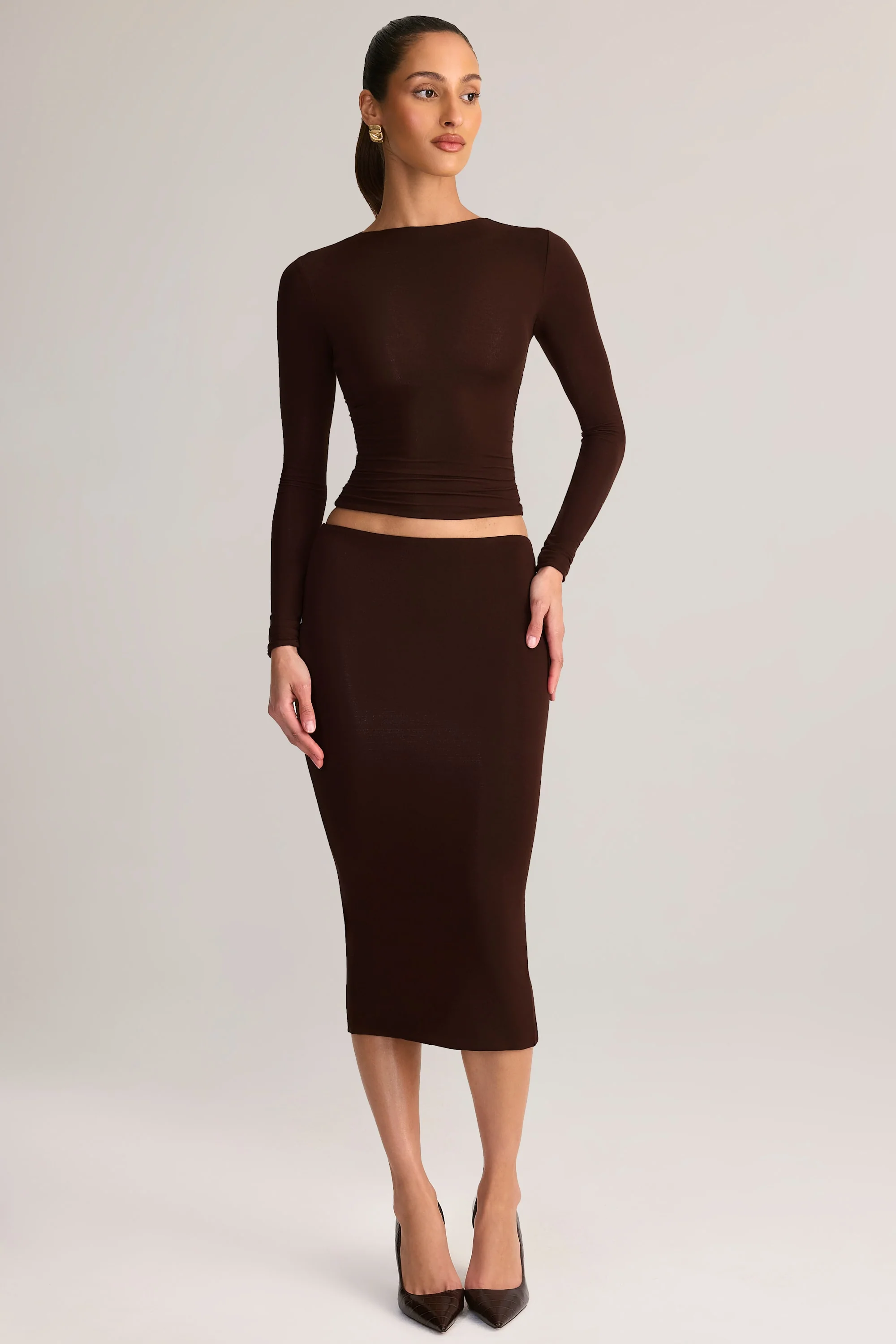 Modal Mid-Rise Pencil Skirt in Chocolate Brown