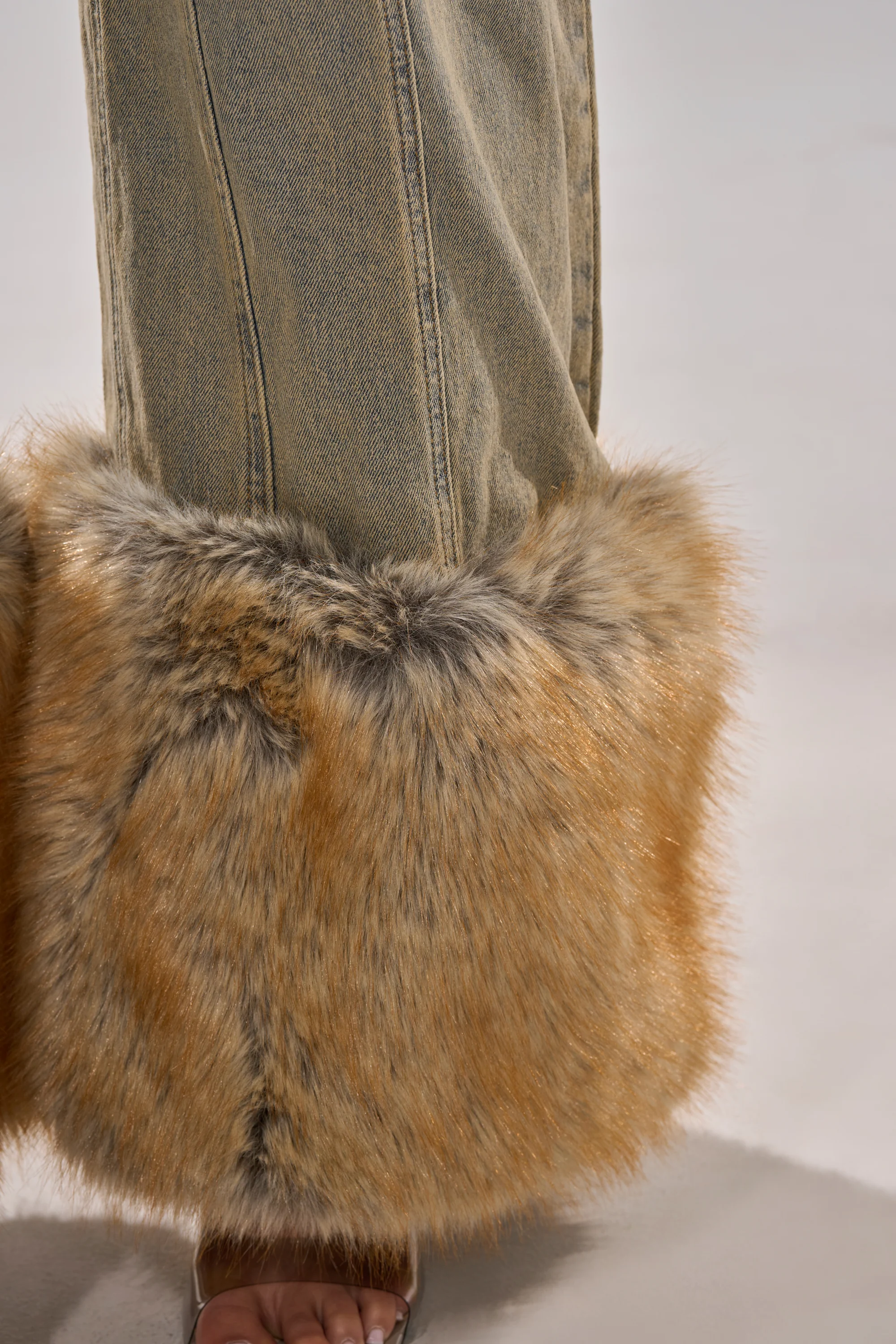 TALK THAT TALK DENIM FUR JUMPSUIT IN VINTAGE BLUE