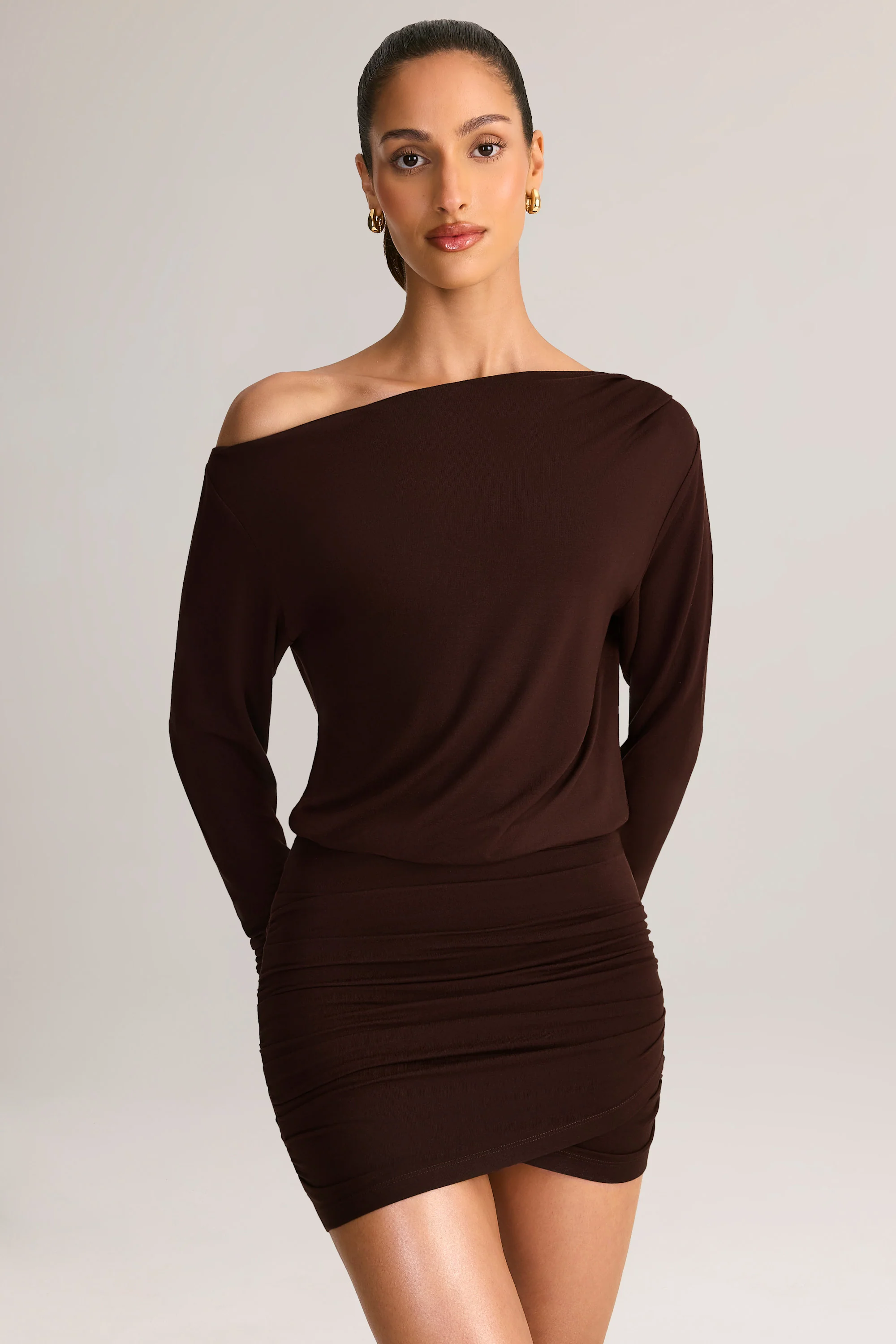 Modal Off-Shoulder Mini Dress in Chocolate Brown