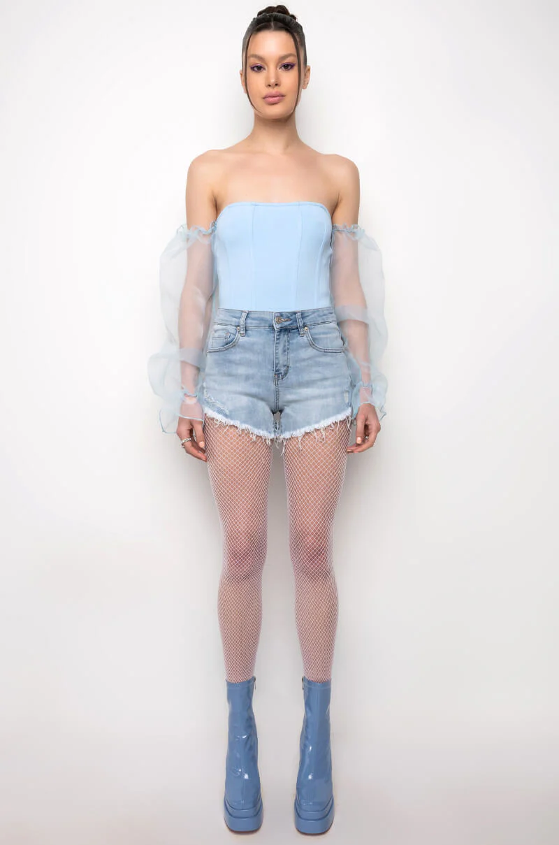 FLEX-FIT HIGH WAISTED SUPER STRETCHY LIGHT BLUE DENIM SHORTS