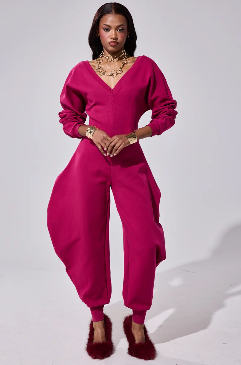 COMFY COZY SWEATSHIRT JUMPSUIT IN PLUM