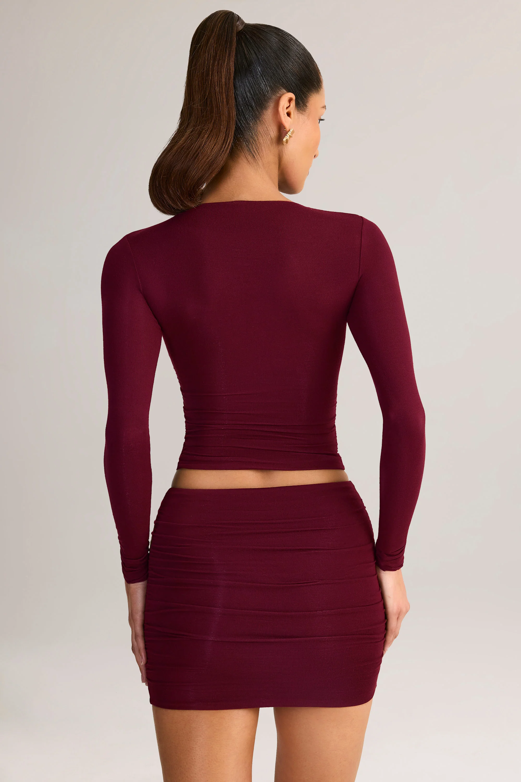 Modal Ruched Long-Sleeve Top in Wine