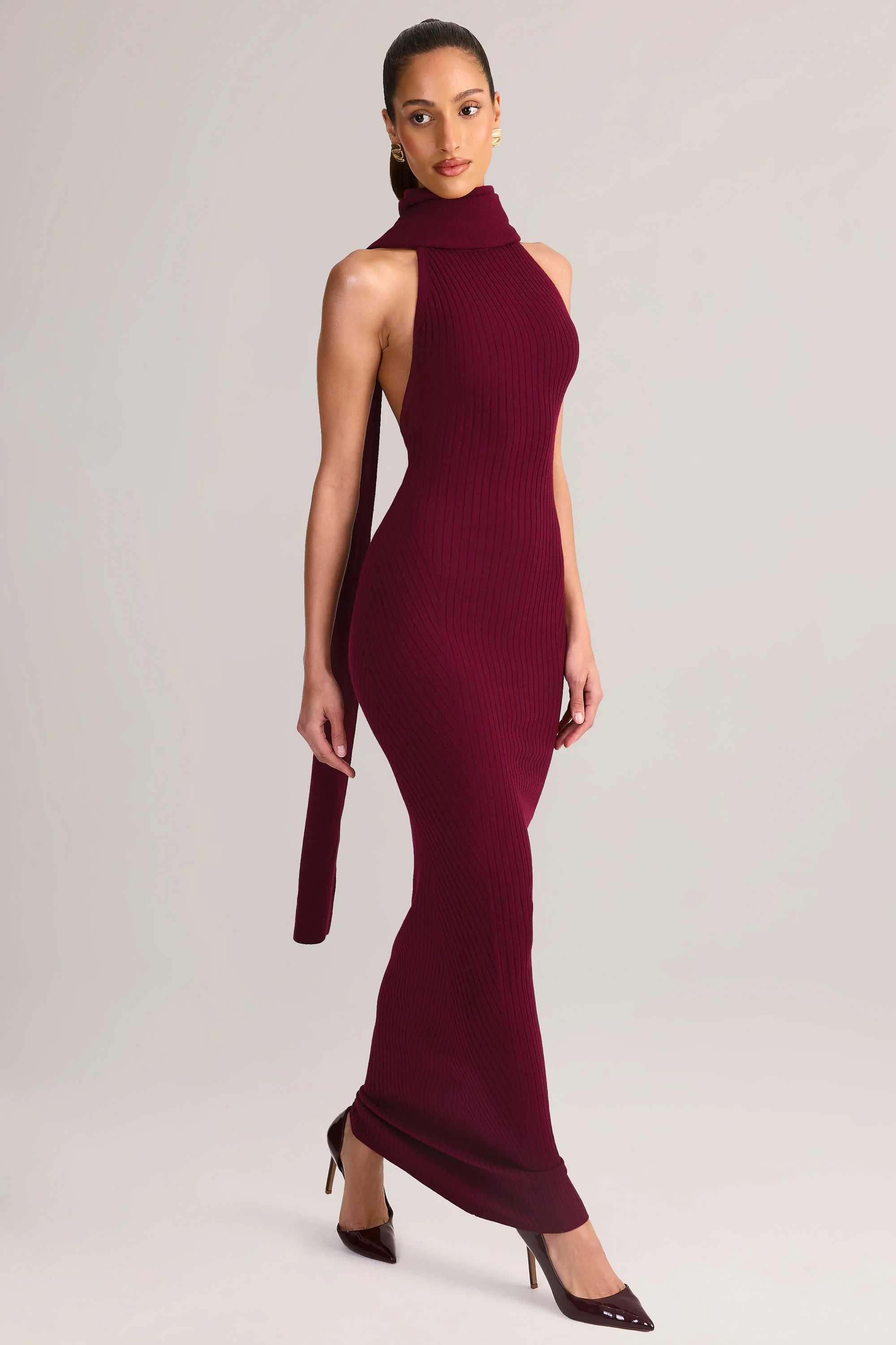 Knit Scarf-Detail Halterneck Maxi Dress in Wine