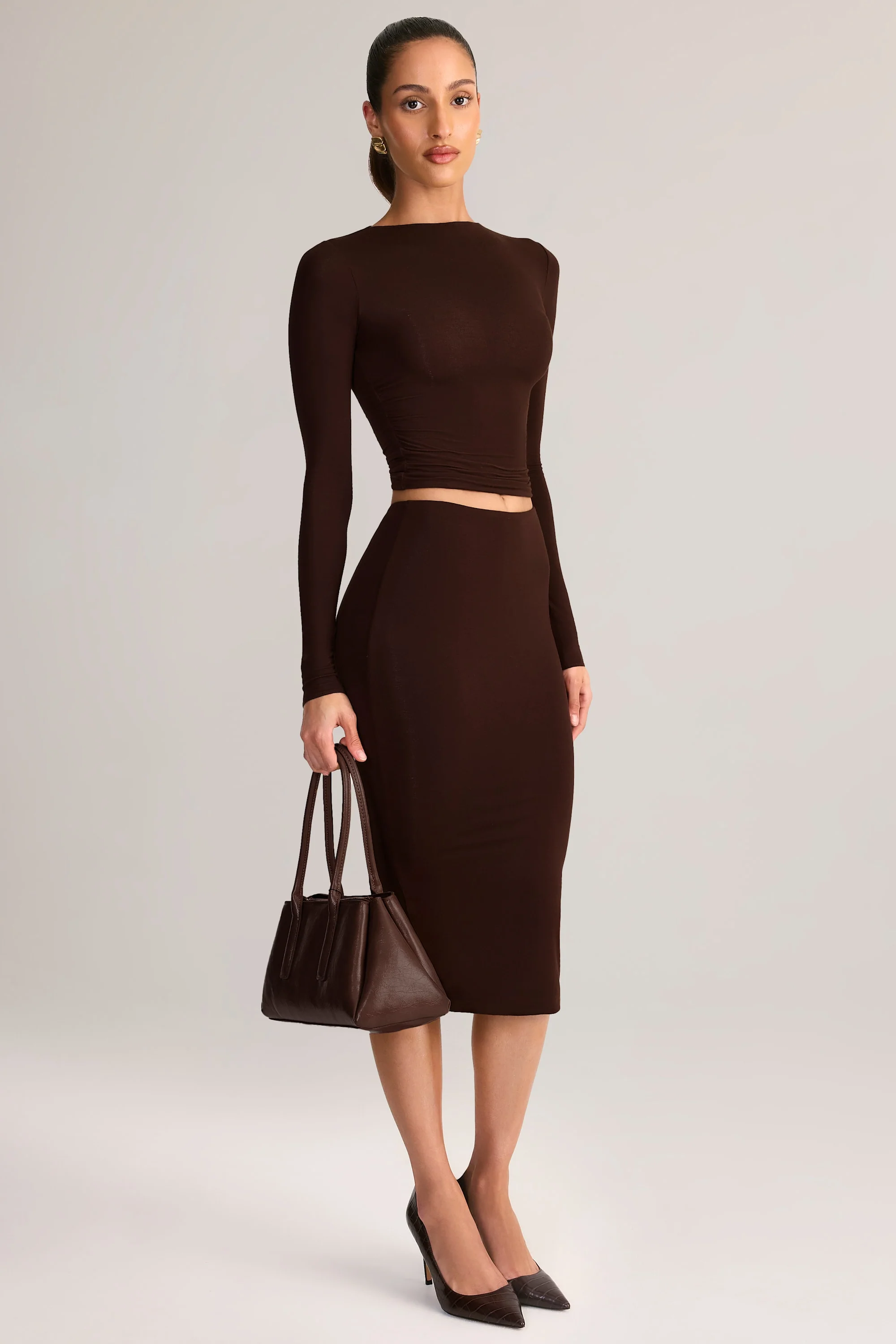 Modal Mid-Rise Pencil Skirt in Chocolate Brown