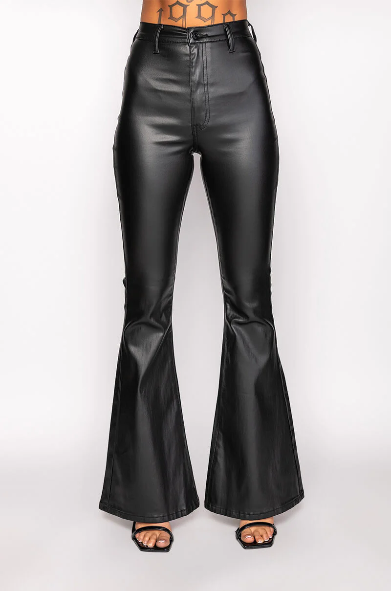 ON DUTY FAUX LEATHER HIGH RISE FLARE PANTS