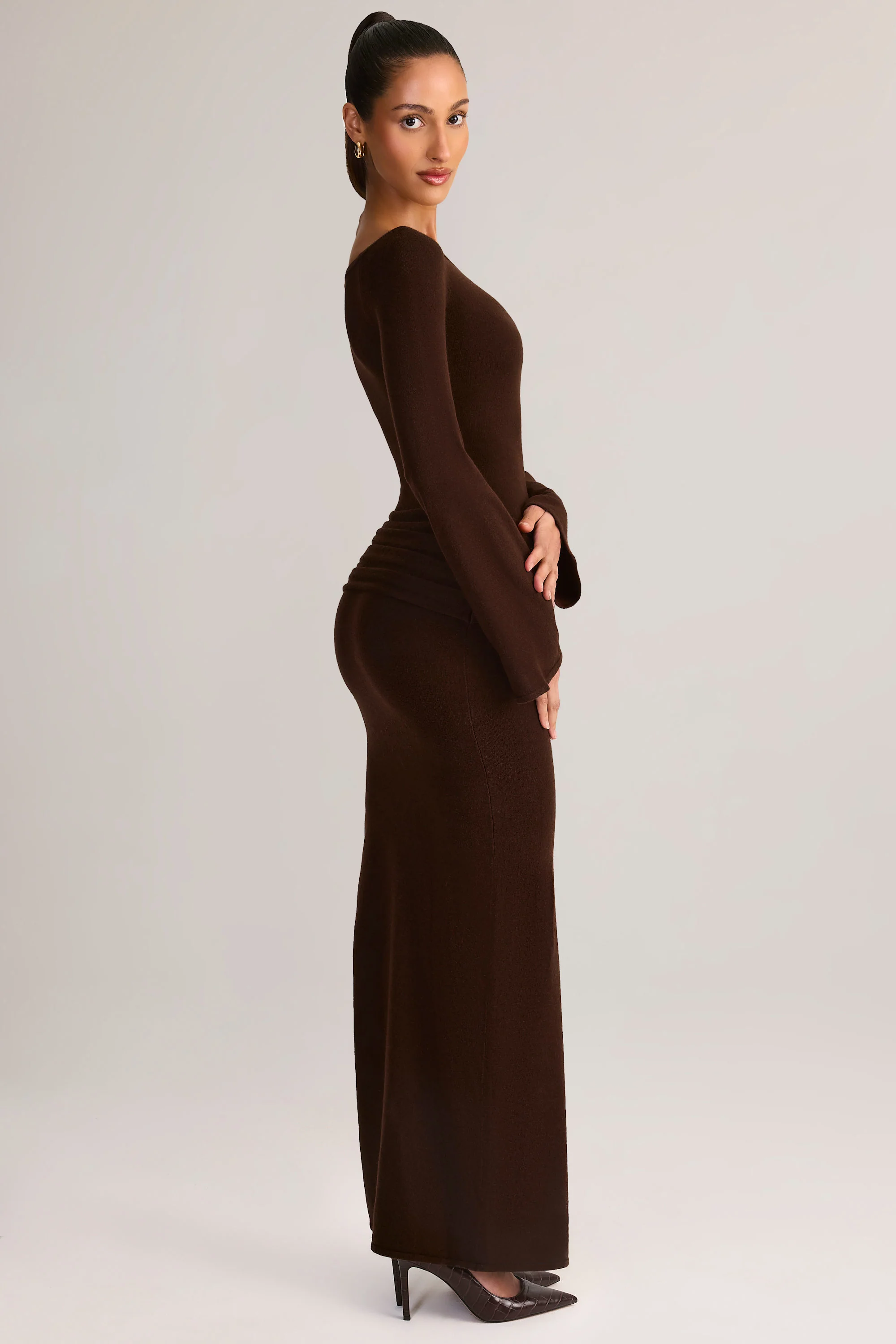 Knit Boat-Neck Long-Sleeve Maxi Dress in Chocolate Brown