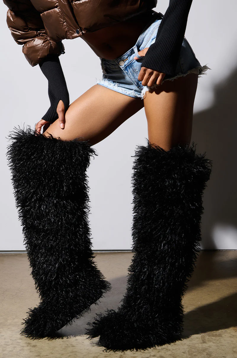 AZALEA WANG TEMPLETON BLACK POODLE FAUX FUR OVER THE KNEE BOOT