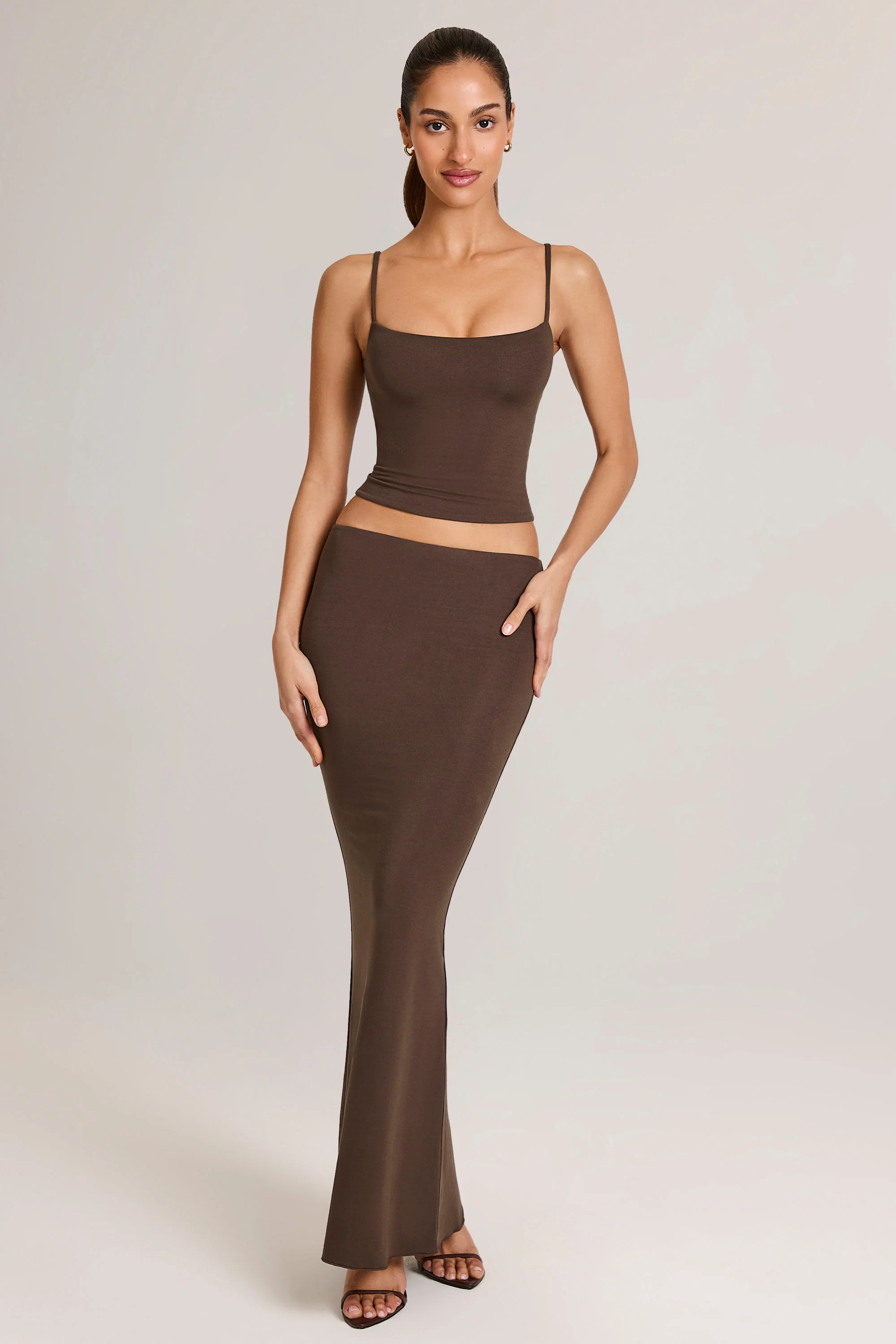 Modal Mid-Rise Fishtail Maxi Skirt in Chocolate Brown