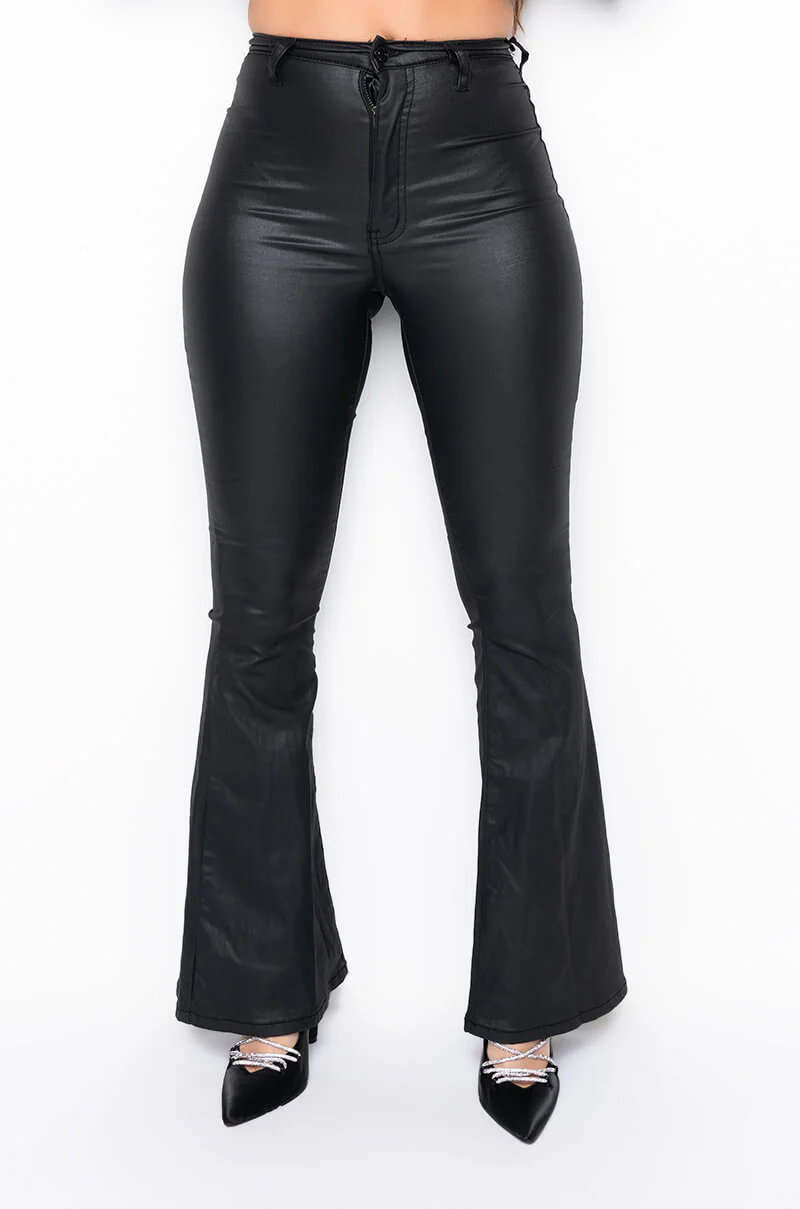 ON DUTY FAUX LEATHER HIGH RISE FLARE PANTS