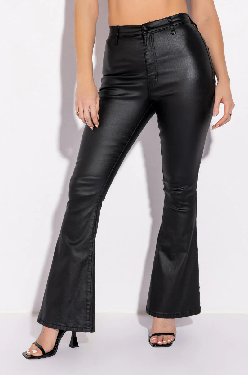 ON DUTY FAUX LEATHER HIGH RISE FLARE PANTS