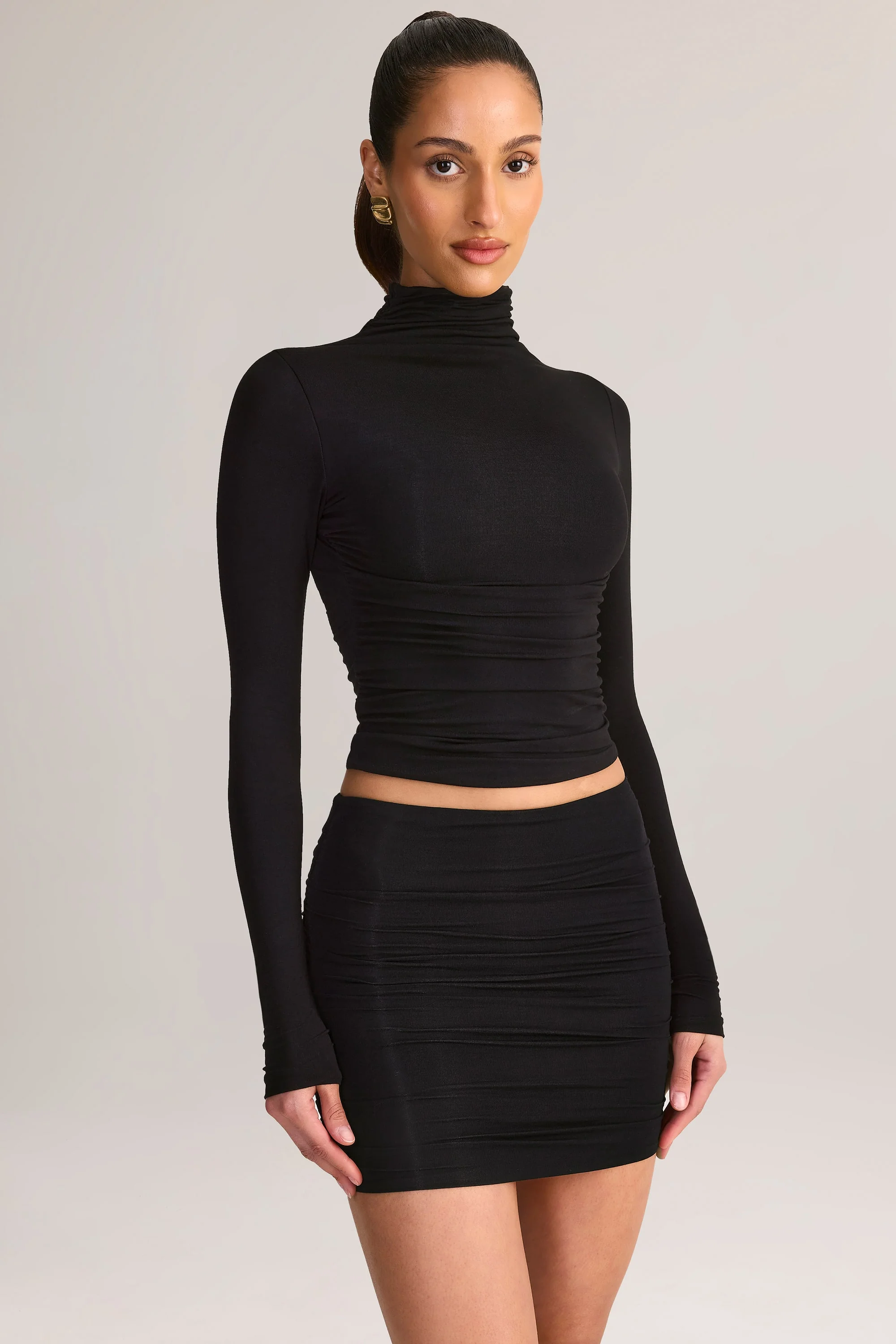Modal Ruched Mid-Rise Mini Skirt in Black