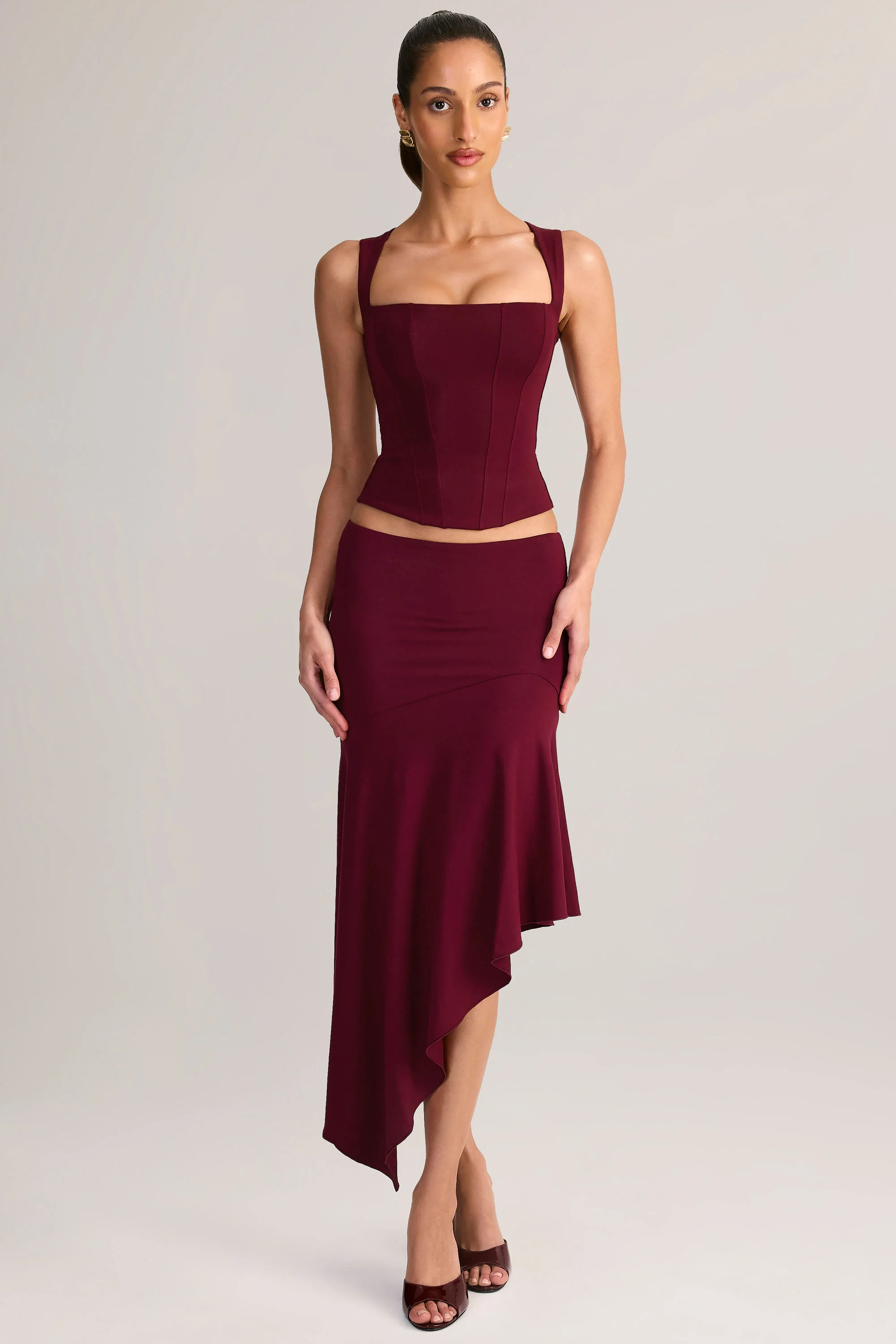 Modal Asymmetric Low-Rise Midaxi Skirt in Wine