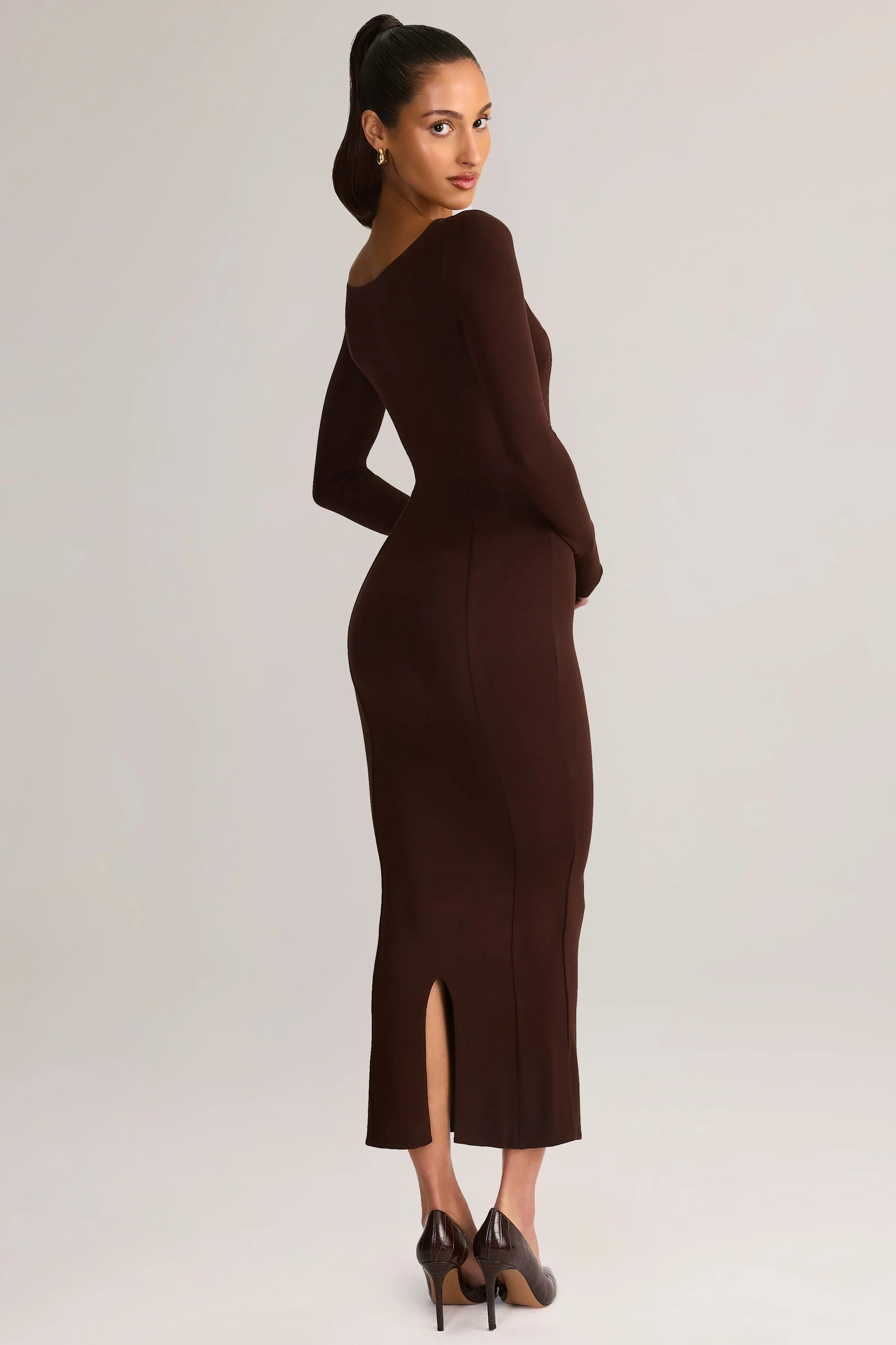 Modal Peekaboo Long-Sleeve Midi Dress in Chocolate Brown