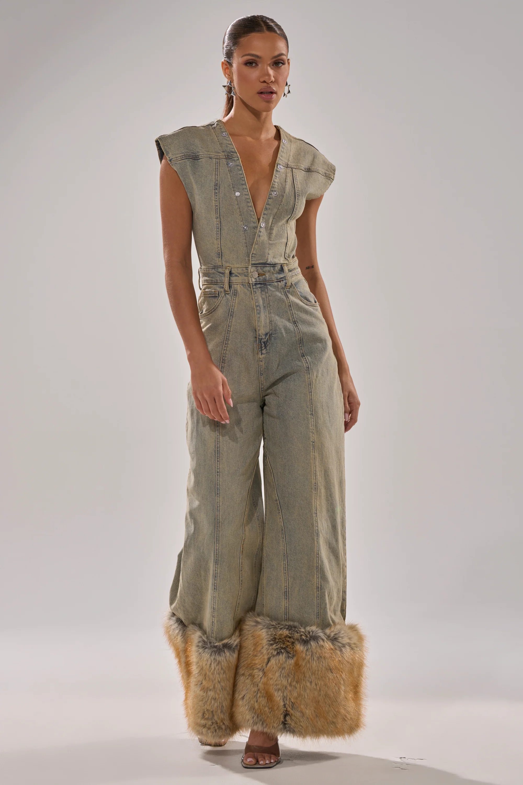 TALK THAT TALK DENIM FUR JUMPSUIT IN VINTAGE BLUE