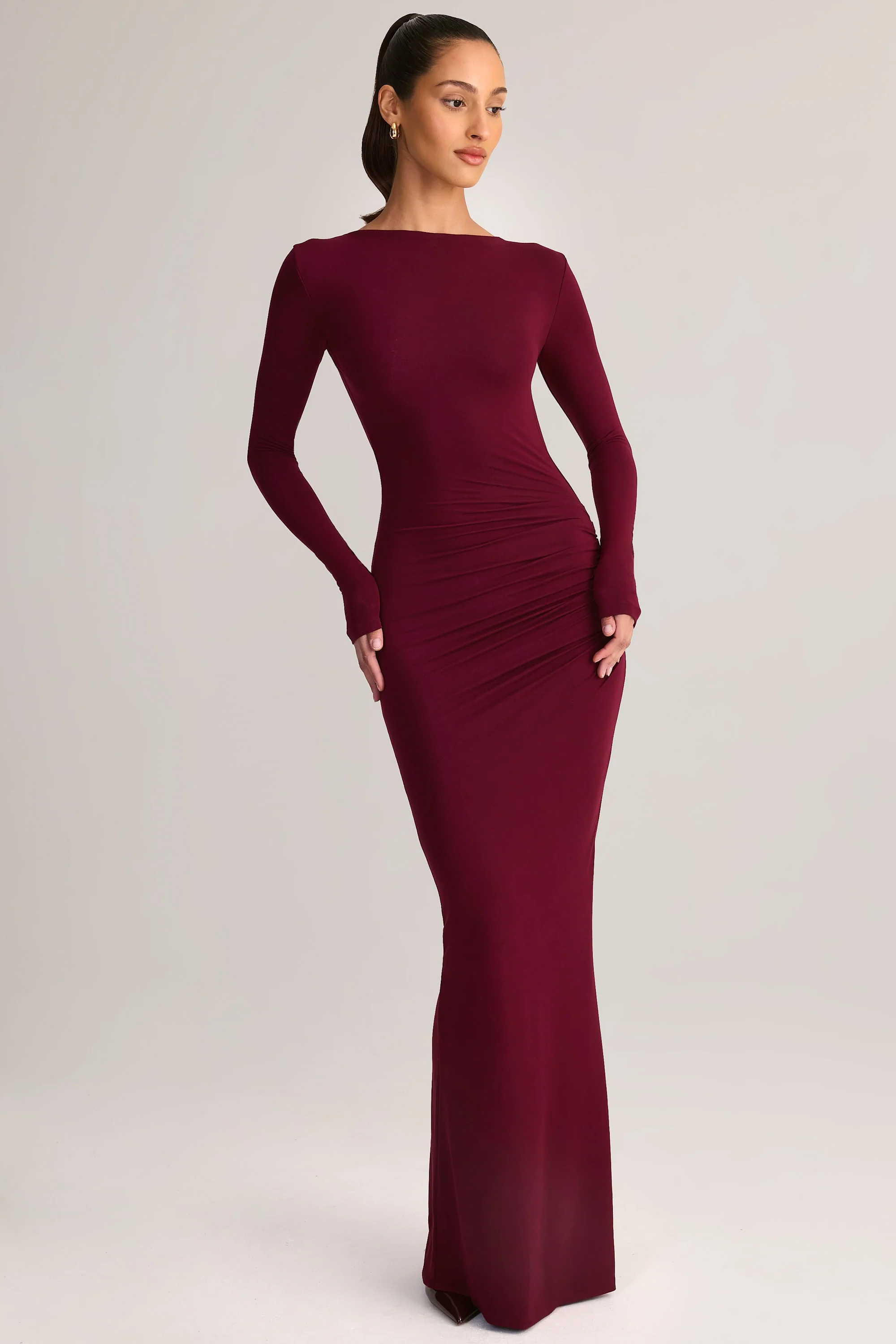 Modal Ruched Backless Maxi Dress in Wine
