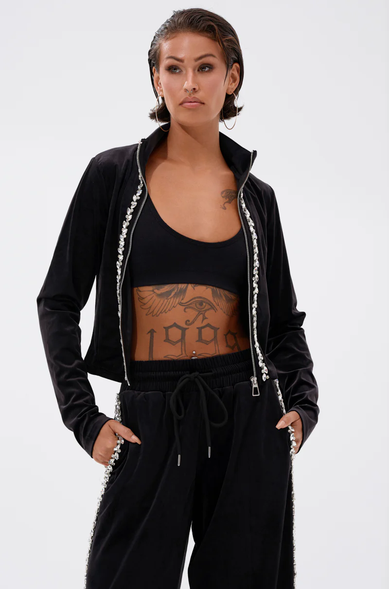 DARA RHINESTONE MOCK NECK ZIP-UP SWEATSHIRT