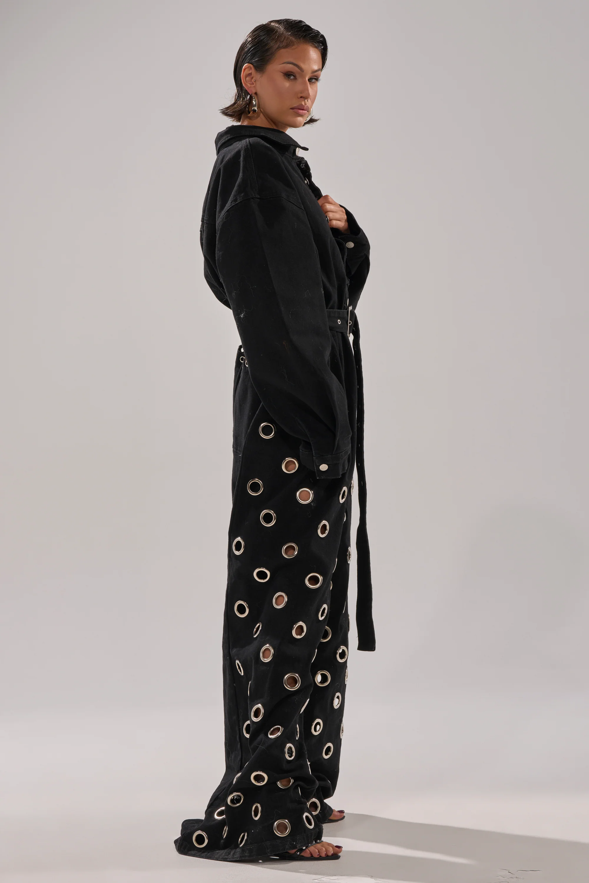 PLAY YOUR CARDS RIGHT DENIM JUMPSUIT WITH GROMMETS