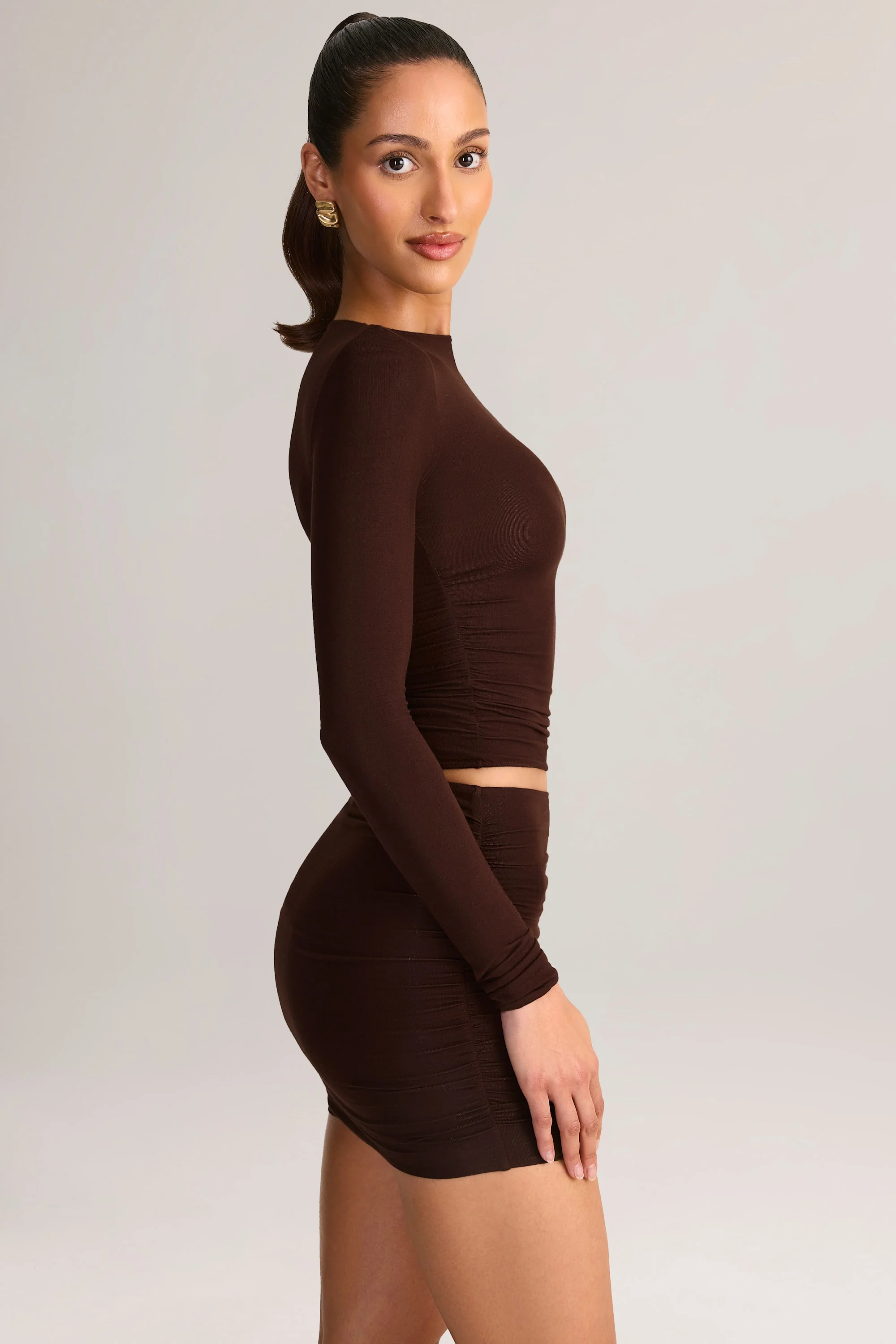 Modal Ruched Mid-Rise Mini Skirt in Chocolate Brown