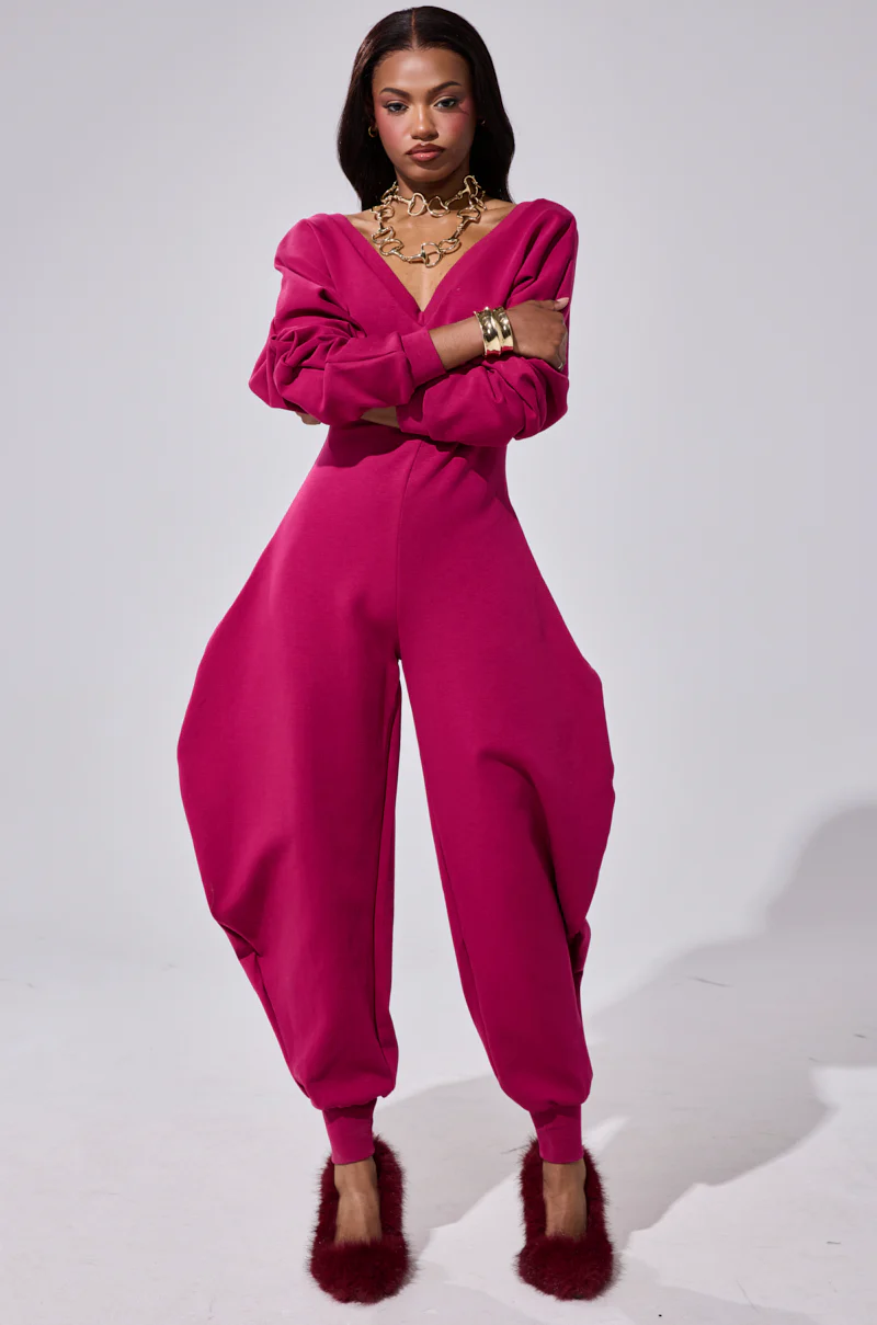 COMFY COZY SWEATSHIRT JUMPSUIT IN PLUM