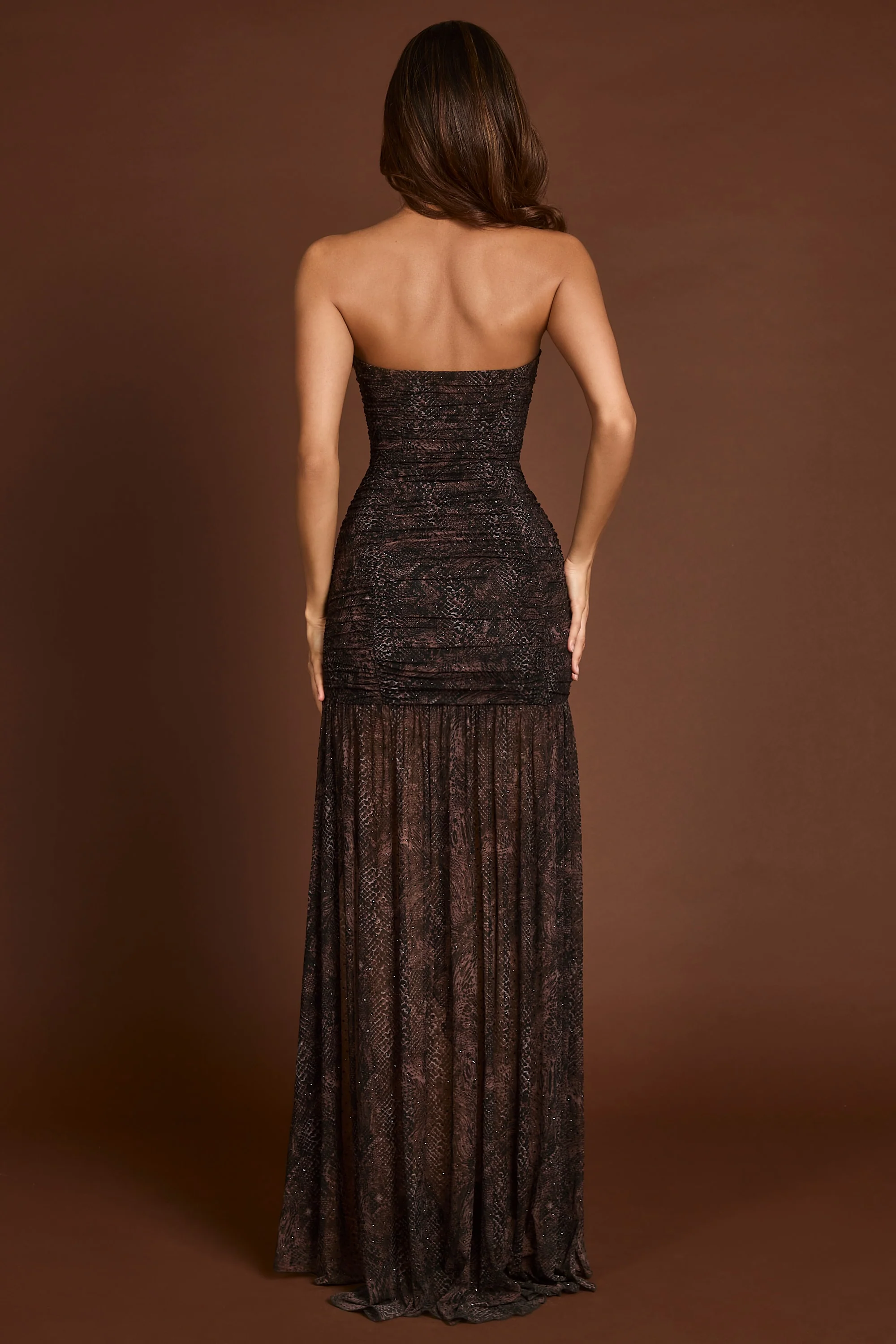 Embellished Bandeau Gathered Maxi Dress in Snake Hotfix