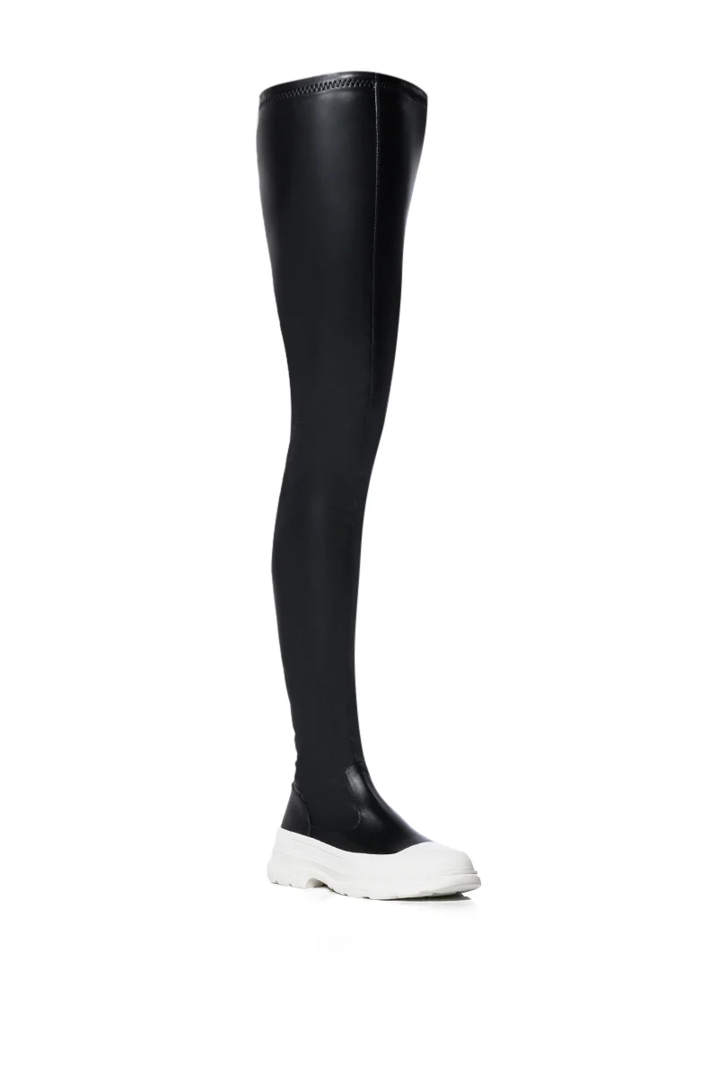 AZALEA WANG OH MY LOVE FAUX LEATHER THIGH HIGH FLATFORM SNEAKER BOOT WITH 4 WAY STRETCH IN BLACK