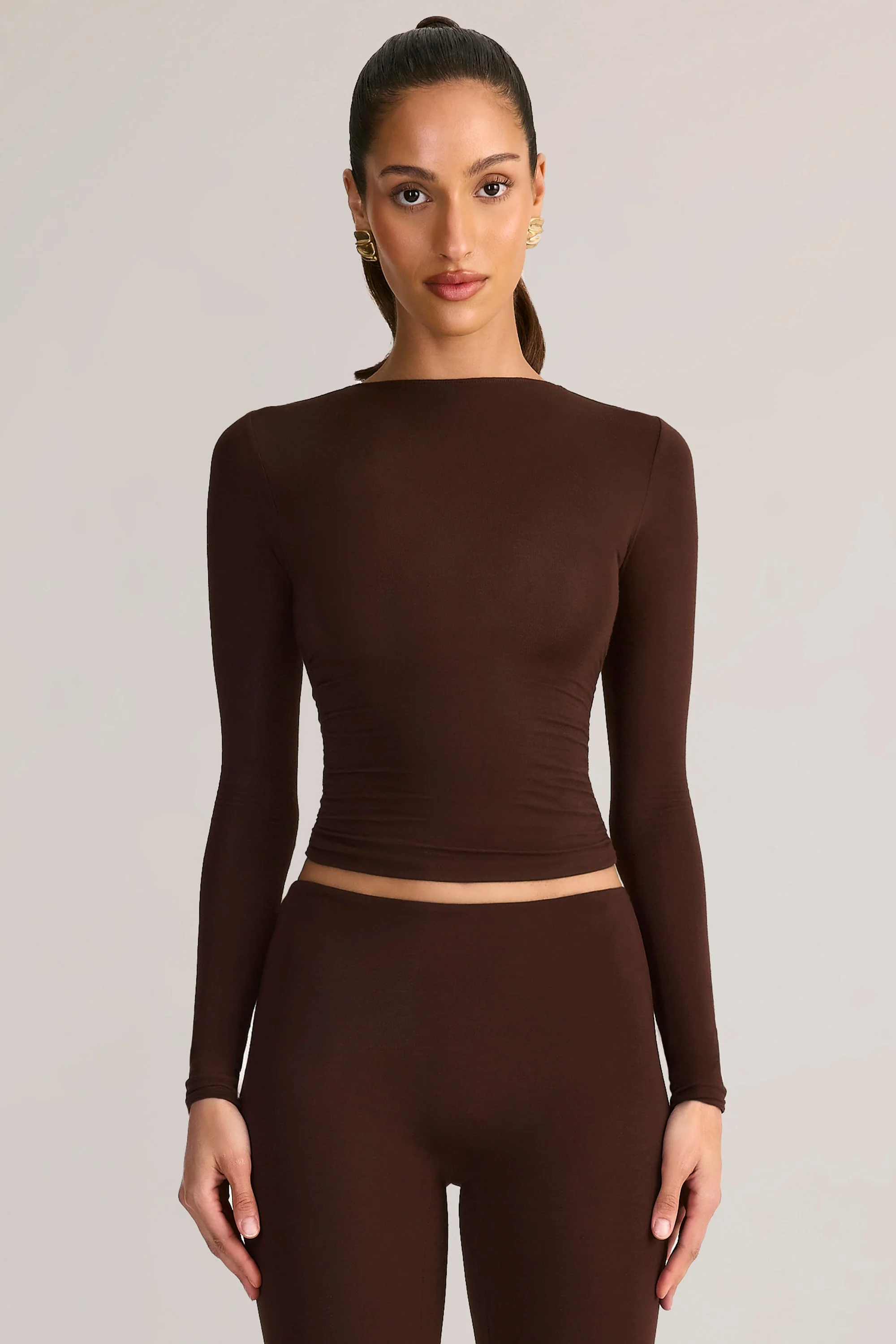 Modal Ruched Long-Sleeve Top in Chocolate Brown