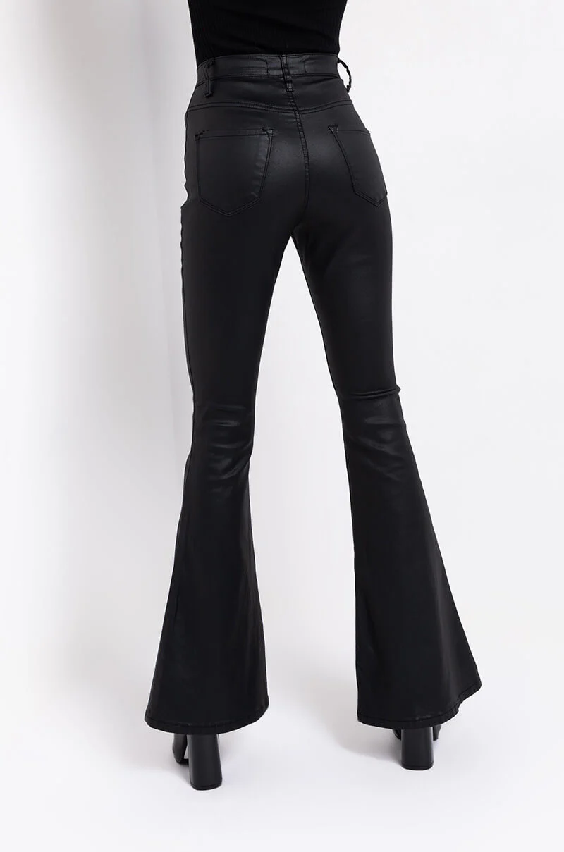 ON DUTY FAUX LEATHER HIGH RISE FLARE PANTS