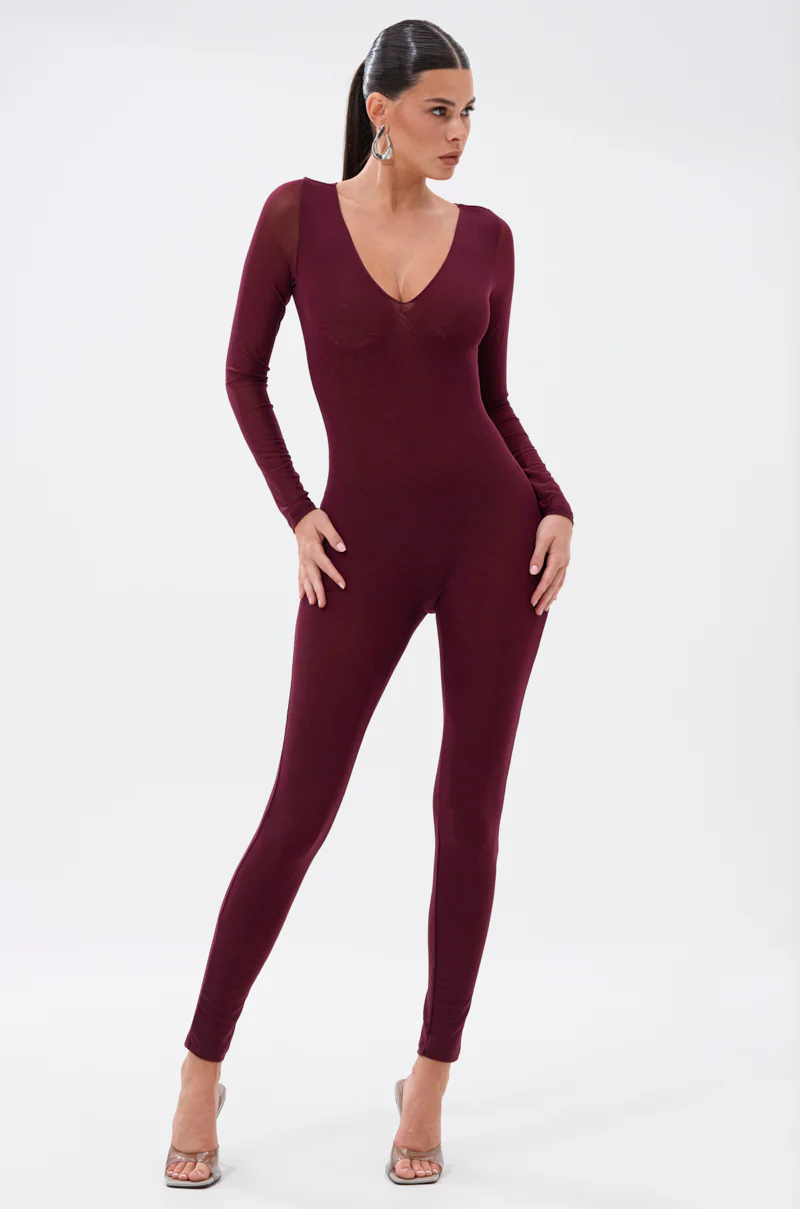 KEEPIN IT SIMPLE MESH JUMPSUIT IN BURGUNDY