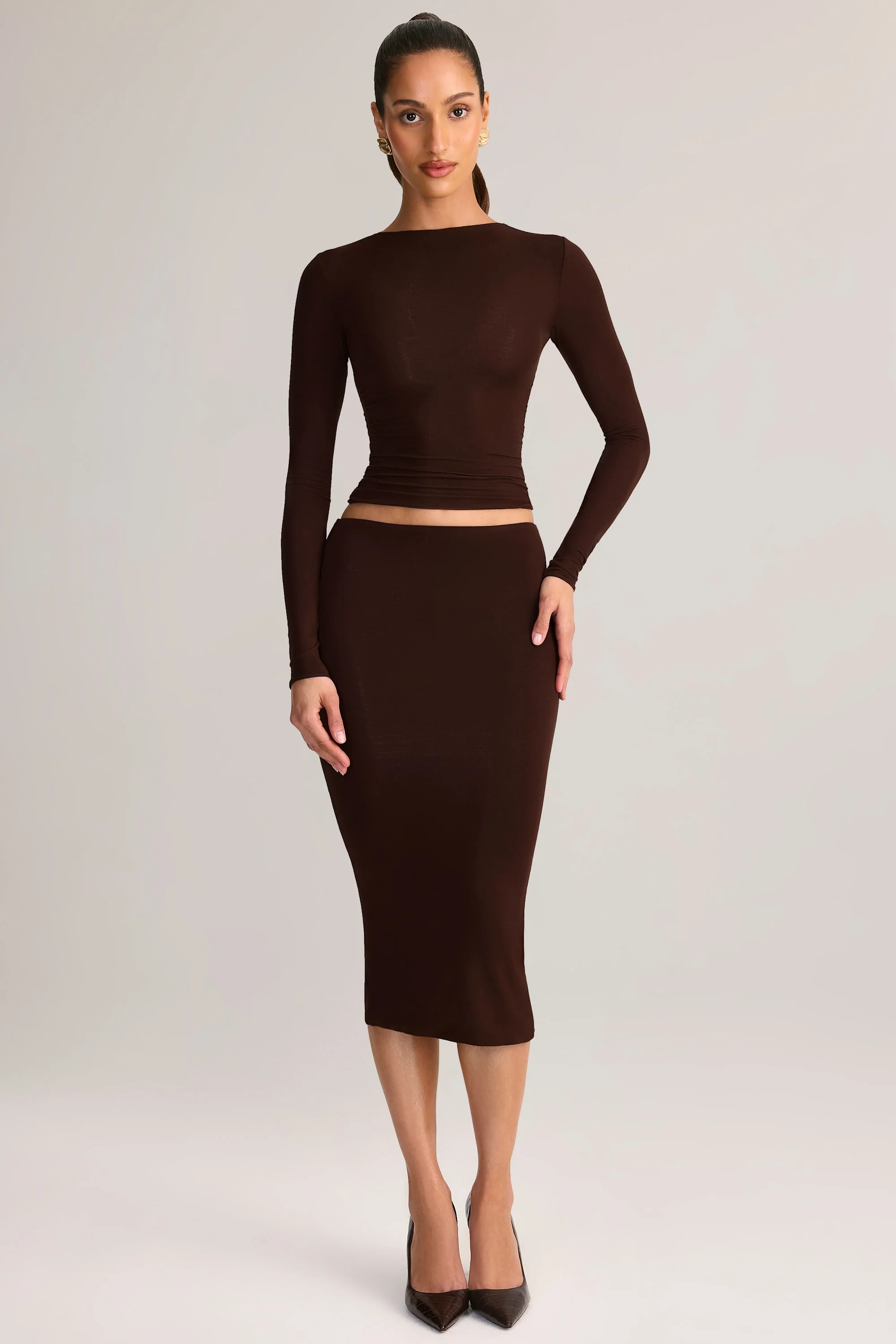 Modal Mid-Rise Pencil Skirt in Chocolate Brown