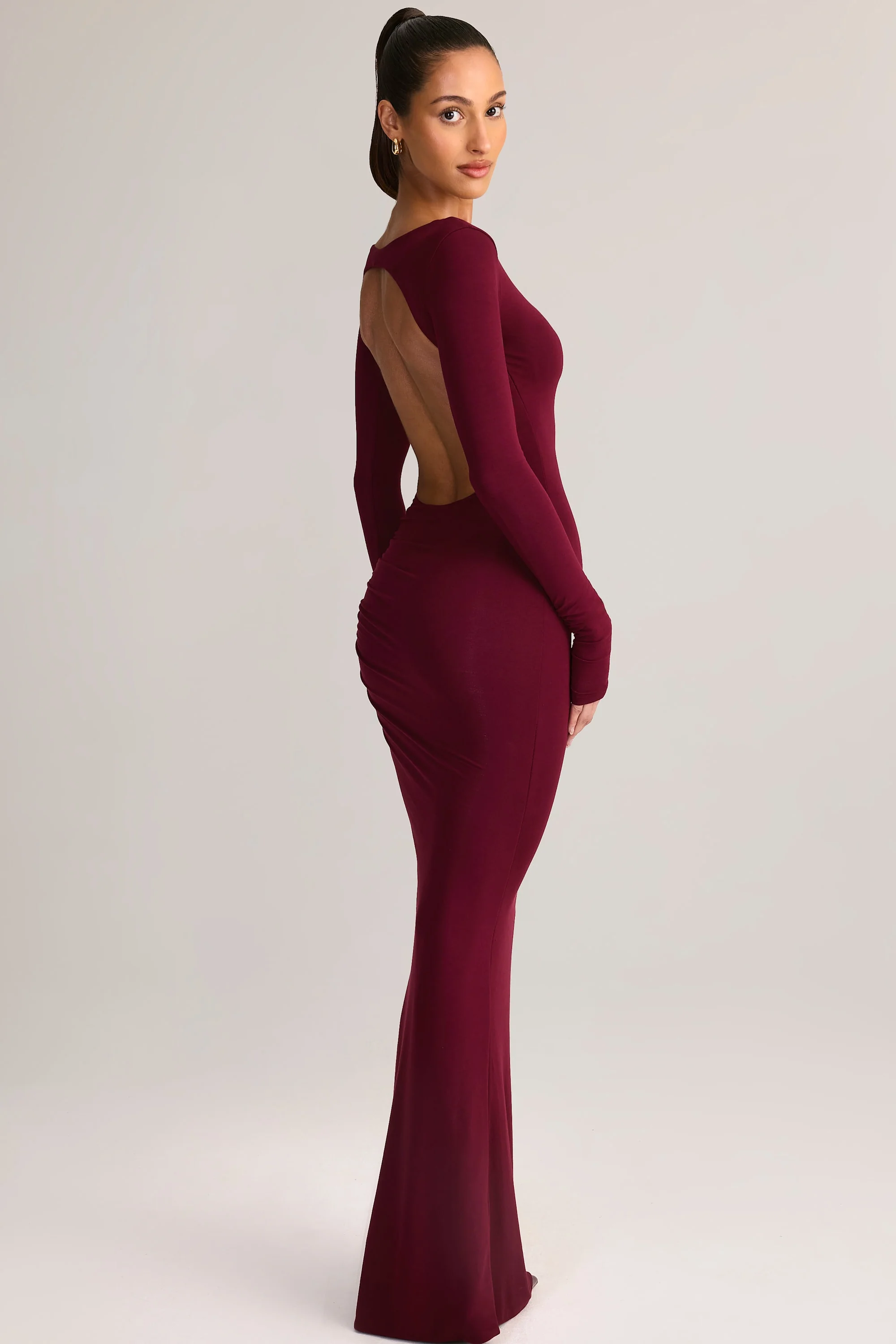 Modal Ruched Backless Maxi Dress in Wine