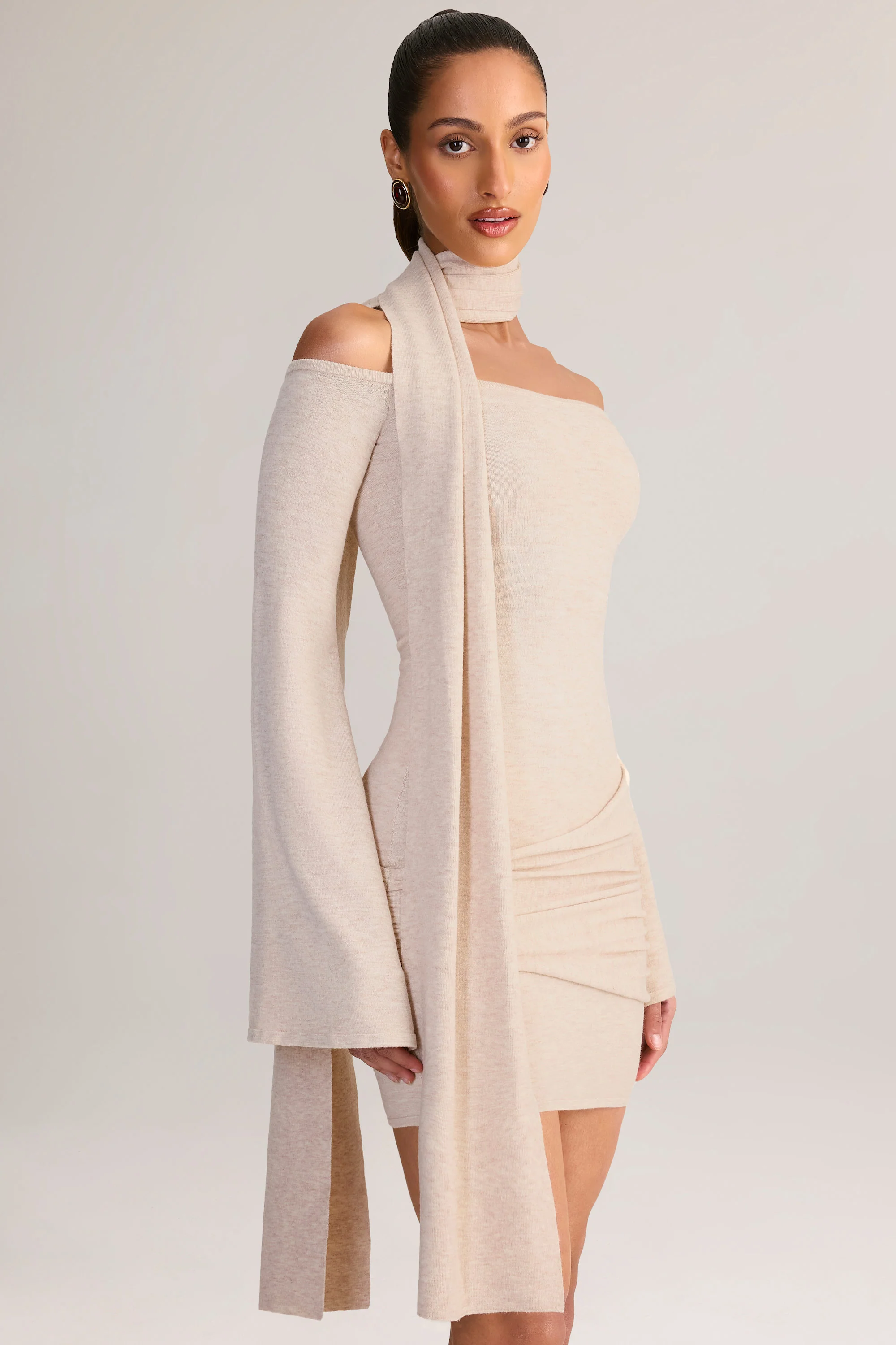 Knit Scarf-Detail Off-Shoulder Mini Dress in Cream
