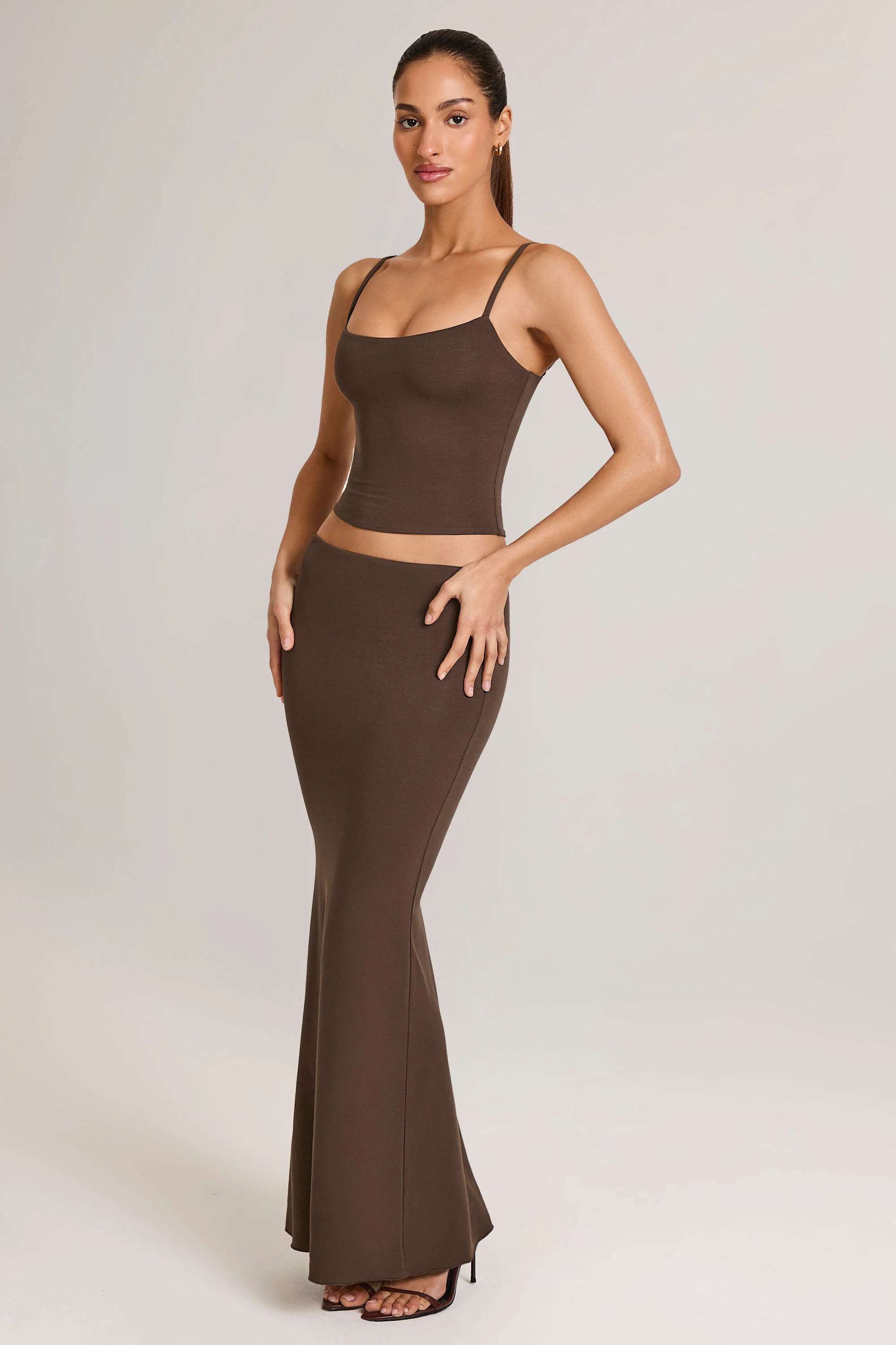 Modal Mid-Rise Fishtail Maxi Skirt in Chocolate Brown