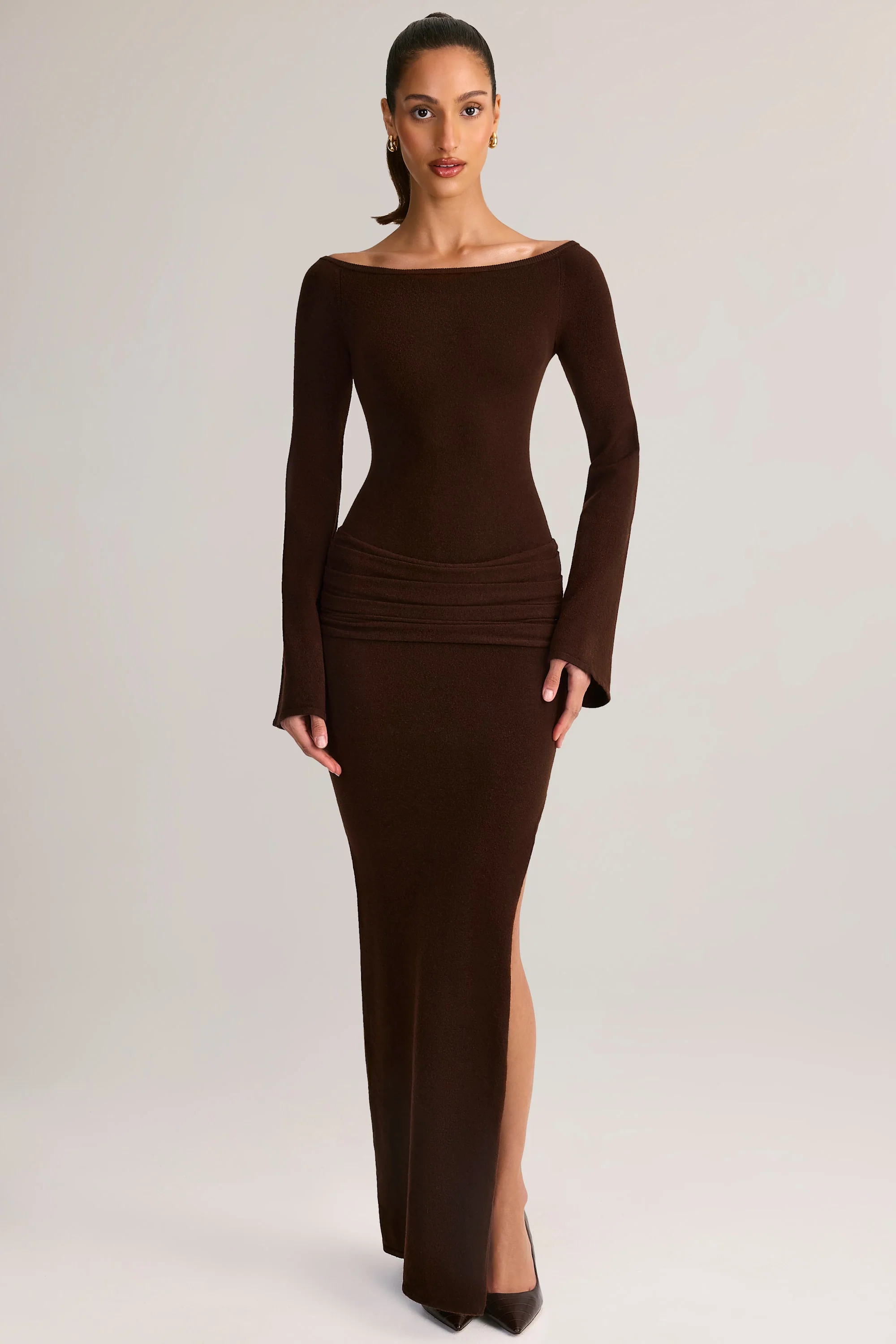 Knit Boat-Neck Long-Sleeve Maxi Dress in Chocolate Brown
